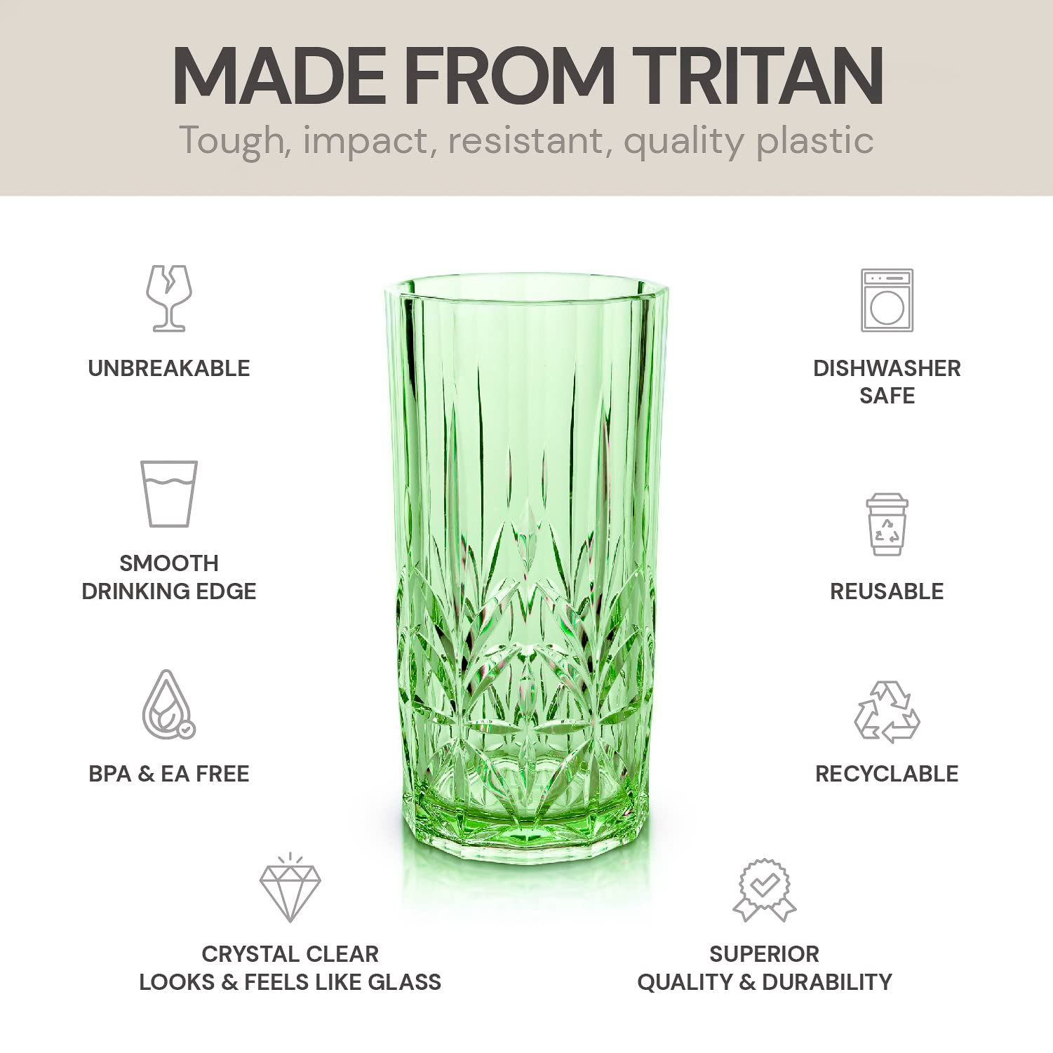 BELLAFORTE Bruchsichere Trinkgläser aus Tritan-Kunststoff, 530 ml, Myrtle Beach Tall Tumbler, unzerbrechliche Kunststoffgläser für Partys, Geschenke, Neujahr, BPA-frei, spülmaschinenfest, Grün, 4