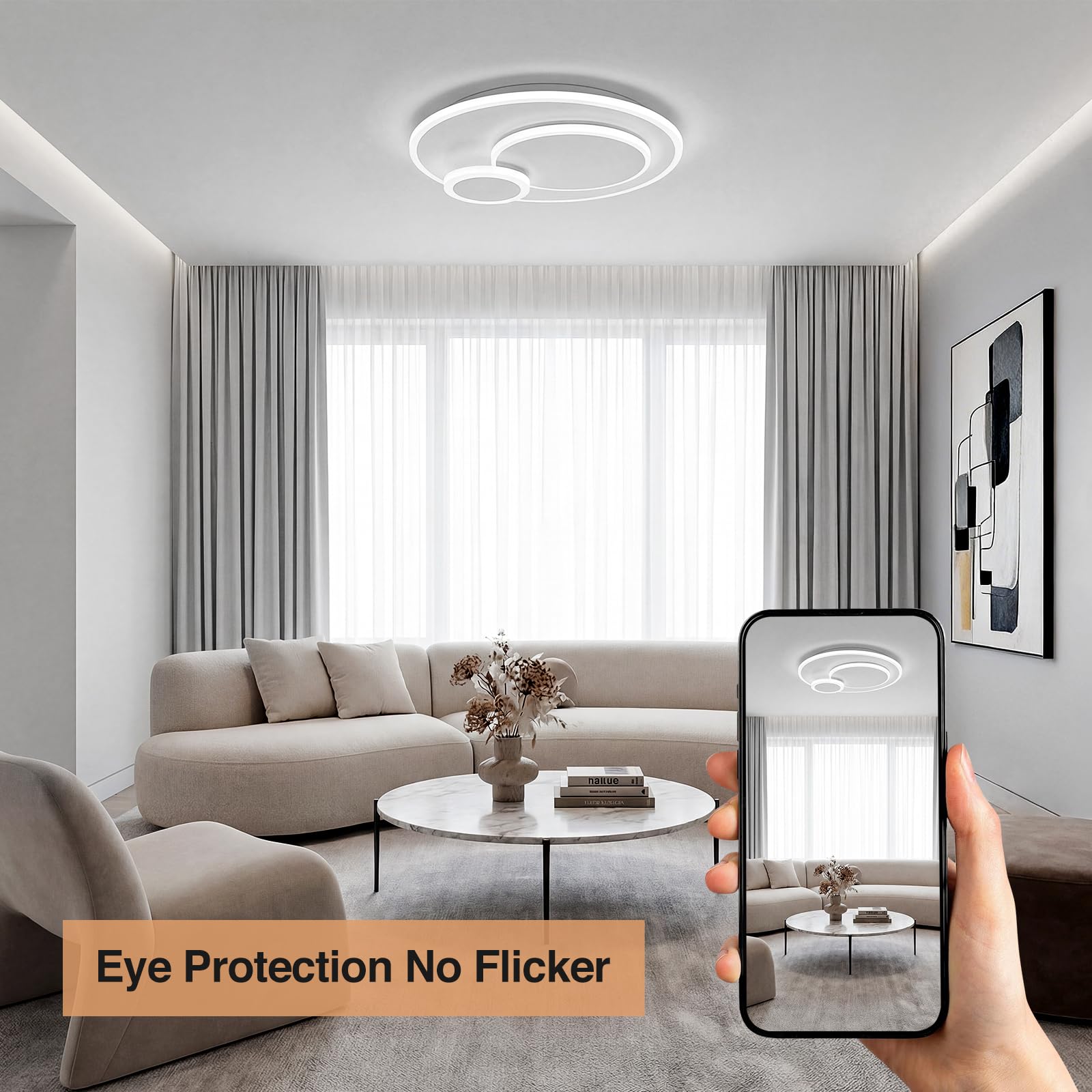 Plafoniera LED Soffitto Moderna 23W, 3000K/4500K/6500K Lampada 2300lm CRI≥80, Lampadario per Soggiorno, Camera da Letto, Ufficio, Cucina e Corridoio con Funzione Memoria Bianco