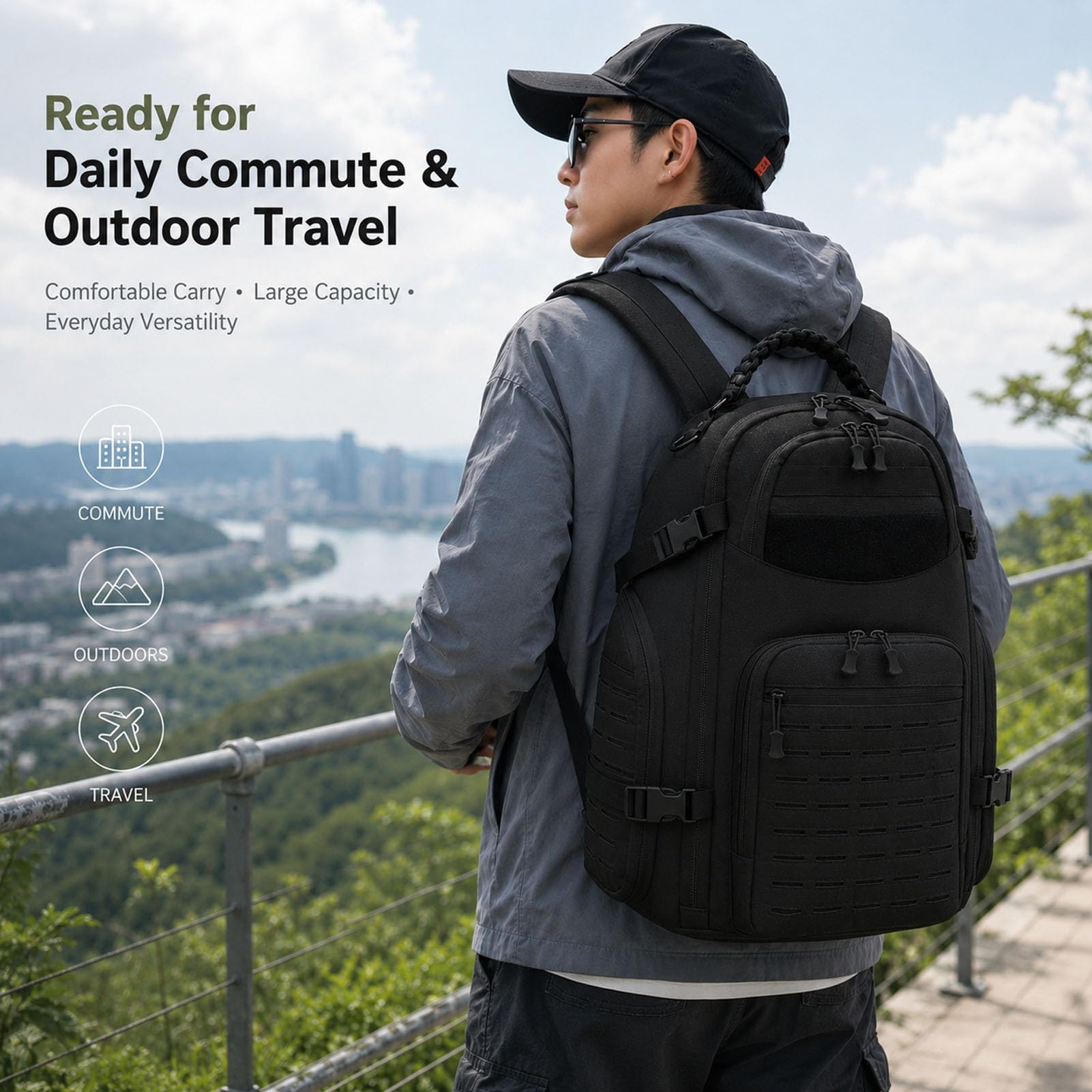 Zaino Outdoor da Viaggio per Uomo, Zaino Grande con Tasche Multiple, Schienale Imbottito Traspirante e Tessuto Oxford per Trekking Campeggio(Black)