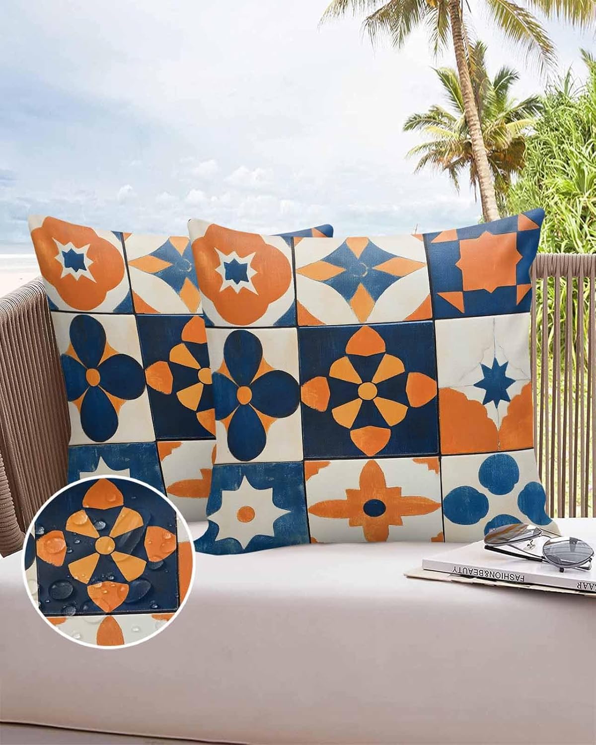 Abstract Outdoor Waterproof Pillow Covers Pack of 2, Orange Blue Floral Color Block Geometric Retro Art Decorative Throw Pillowcases Polyester Cushion Covers for Garden Patio Sofa Couch, 24x24 inch
