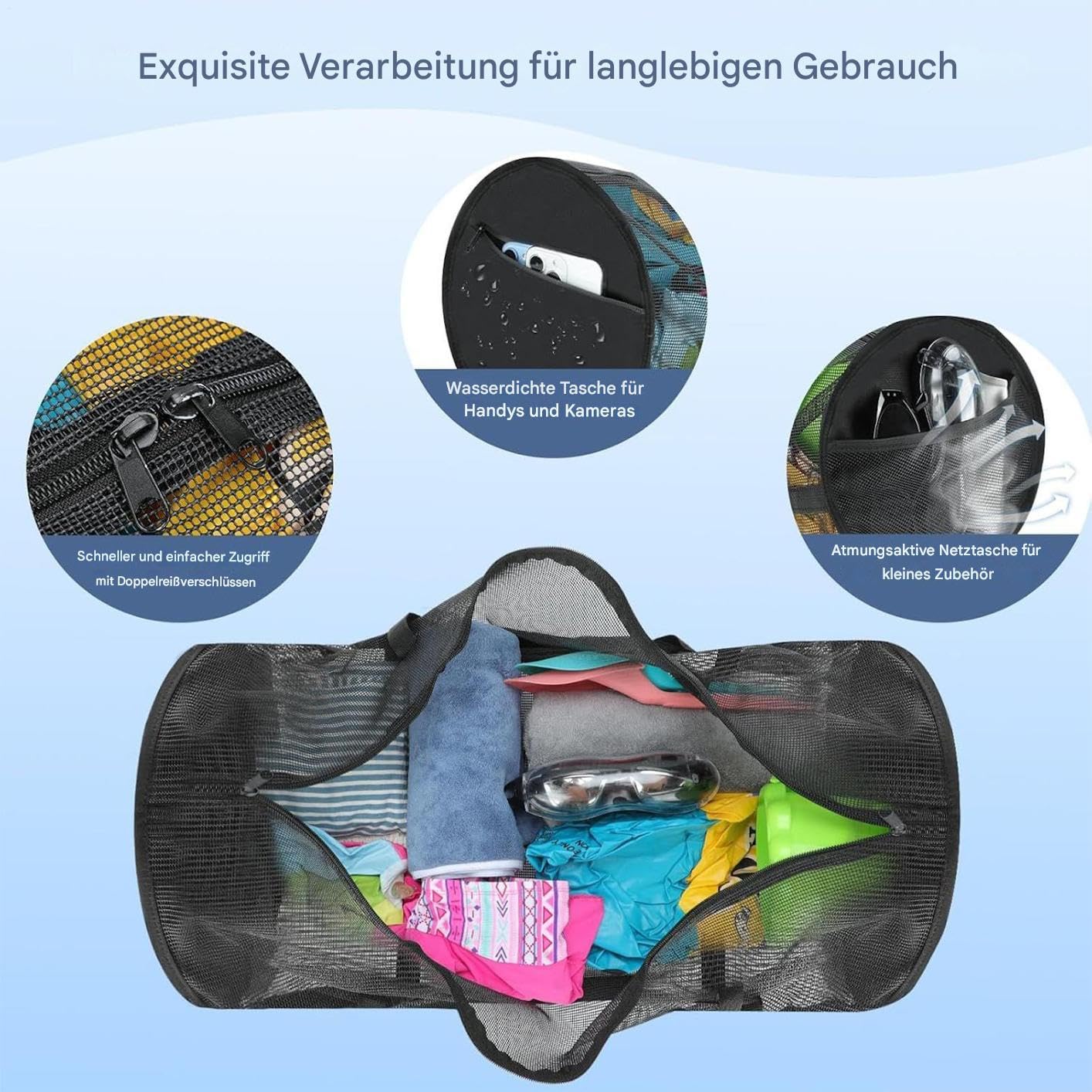 Generisch Extra große Netztasche, Tauchtasche aus Netzstoff, Faltbare übergroße Strandtasche mit verstellbarem Schultergurt, Netz-Reisetasche für Tauch und Schnorchelausrüstung