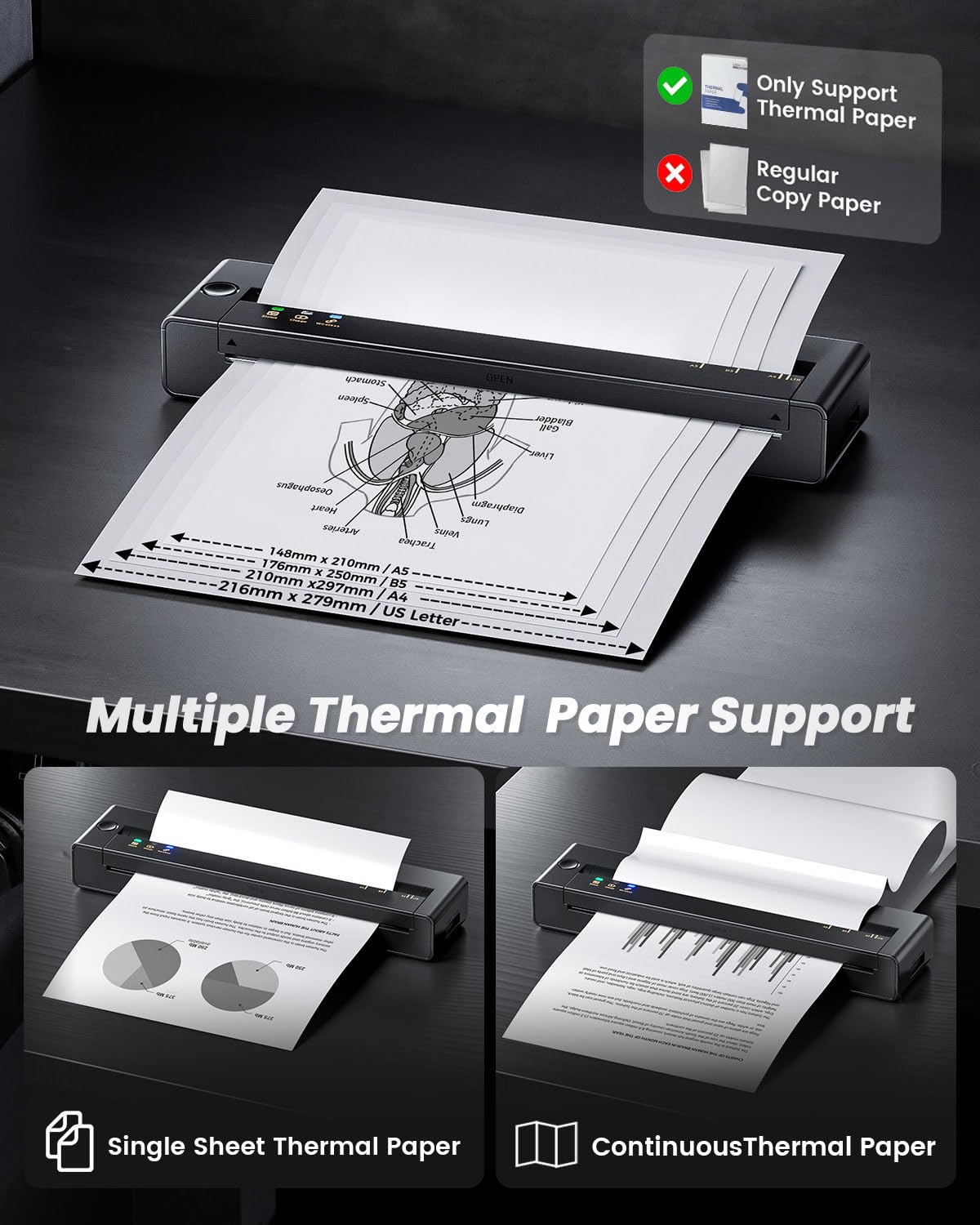 TATTMUSE Portable Printers Wireless for Travel, Inkless Printer for Phone & Laptop, Mobile Thermal Small Bluetooth Compact Dot Matrix Printer for Home Use, Support 8.5" X 11" US Letter & A4 Size