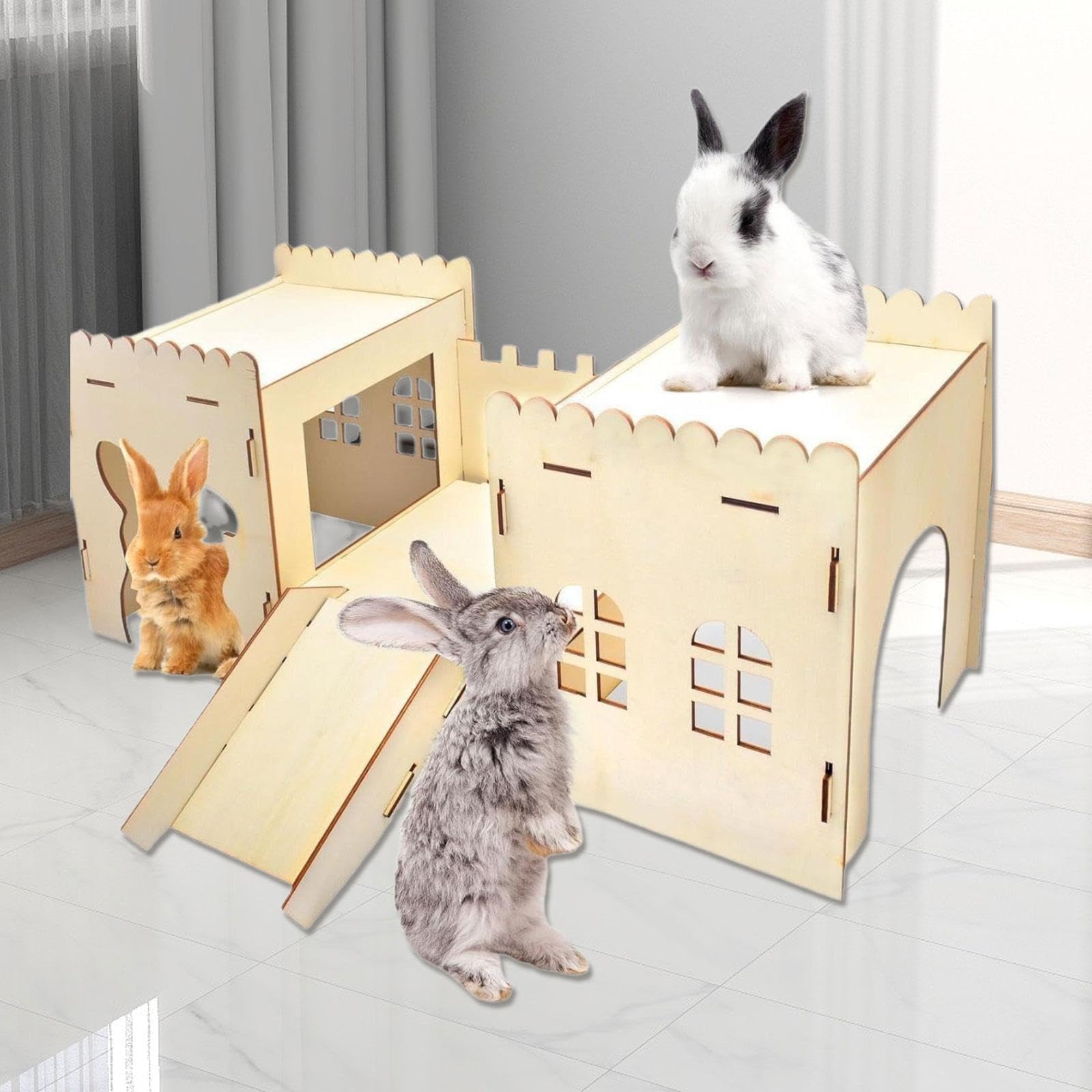Castello in Legno per Conigli, casetta in Legno per Conigli, ventilato, Habitat con Scale a Forma di Grotta per Piccoli Animali Che dormono e Giocano