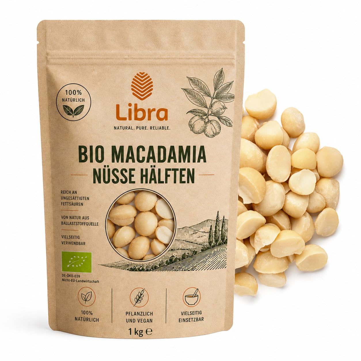 Libra 1kg Macadamia Nüsse Hälften | naturbelassen | Macadamiakerne | Macadamianüsse | roh & ungesalzen | Top Qualität | LIBRA FOOD