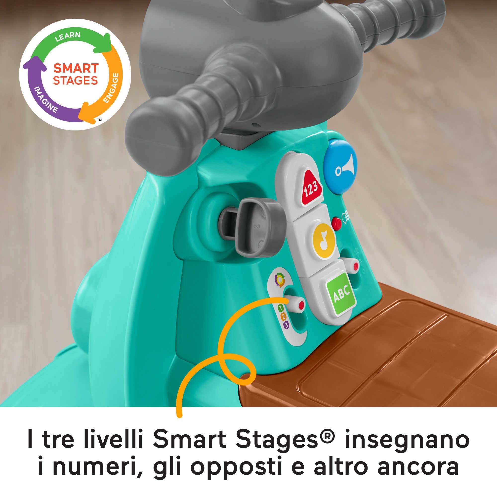 Fisher-Price - Ridi & Impara Smart Stages, Scooter Giocattolo cavalcabile per i Primi Passi, contenuti didattici per Gioco di finzione, Versione multilingue, Giocattolo per Bambini 12+ Mesi, HMV76