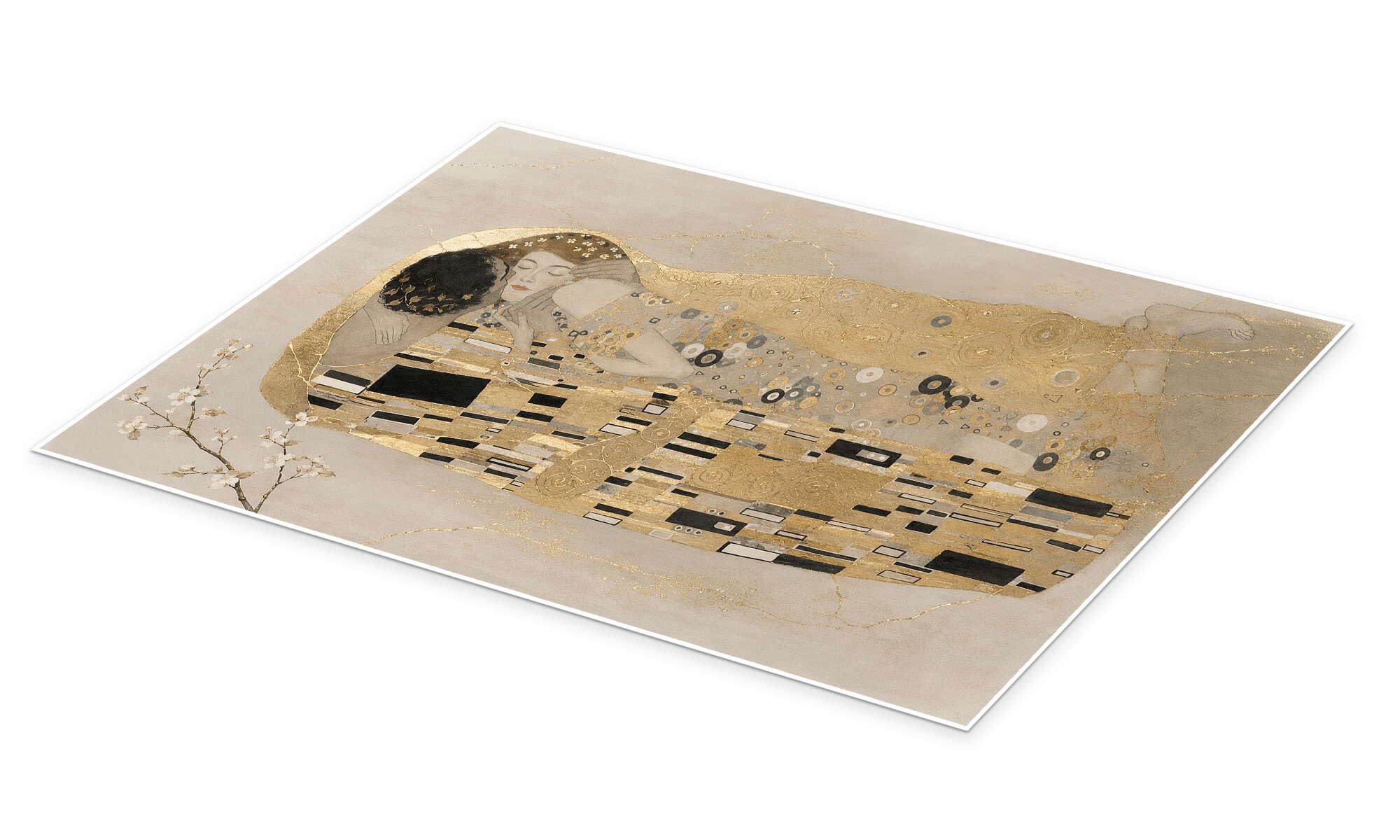 Kintsugi Klimt Kiss Plakat | 100 x 130 cm Gustav Klimt Beżowy Obrazy Dekoracja ścienna