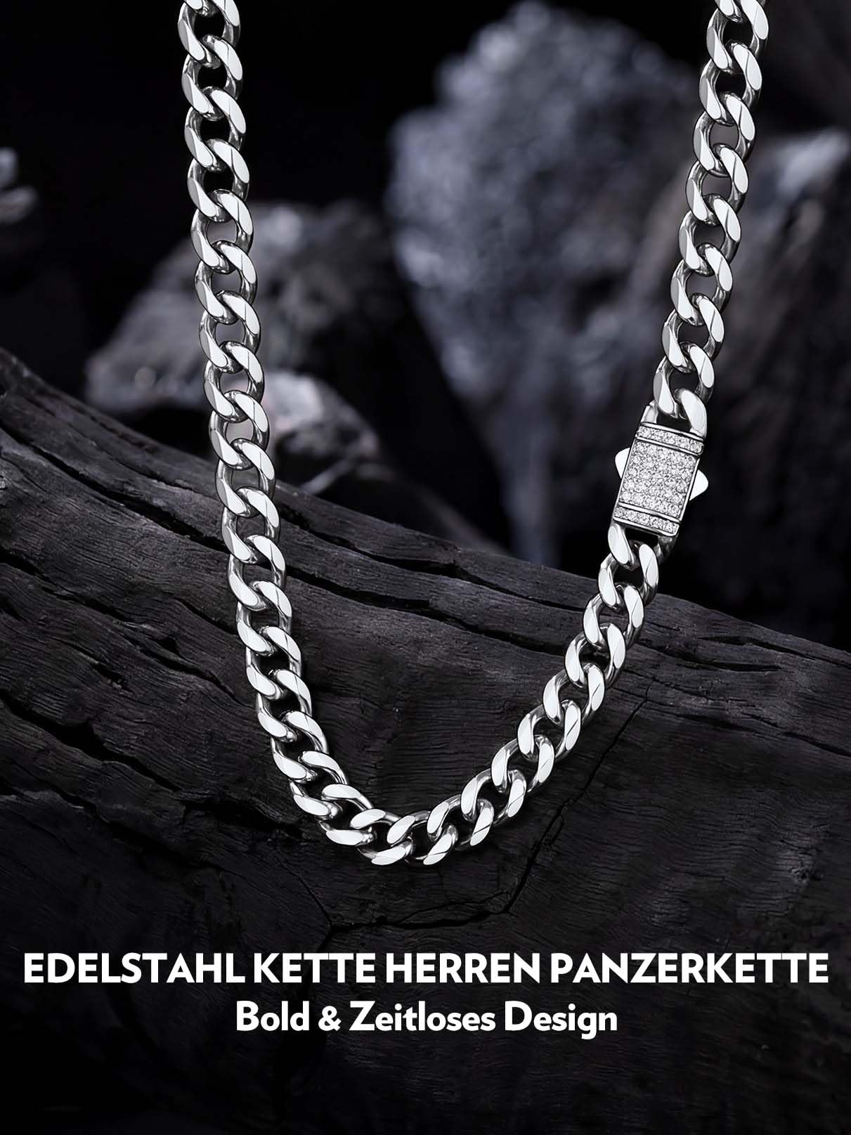 Bandmax Halskette Herren Edelstahl Panzerkette 6/9/12MM breit Kubanische Kette Silber/Gold/Schwarz Gliederkette Männer Hip Hop Kette mit Zirkon Verschluss Schmuck, Kettenlänge 46-76CM