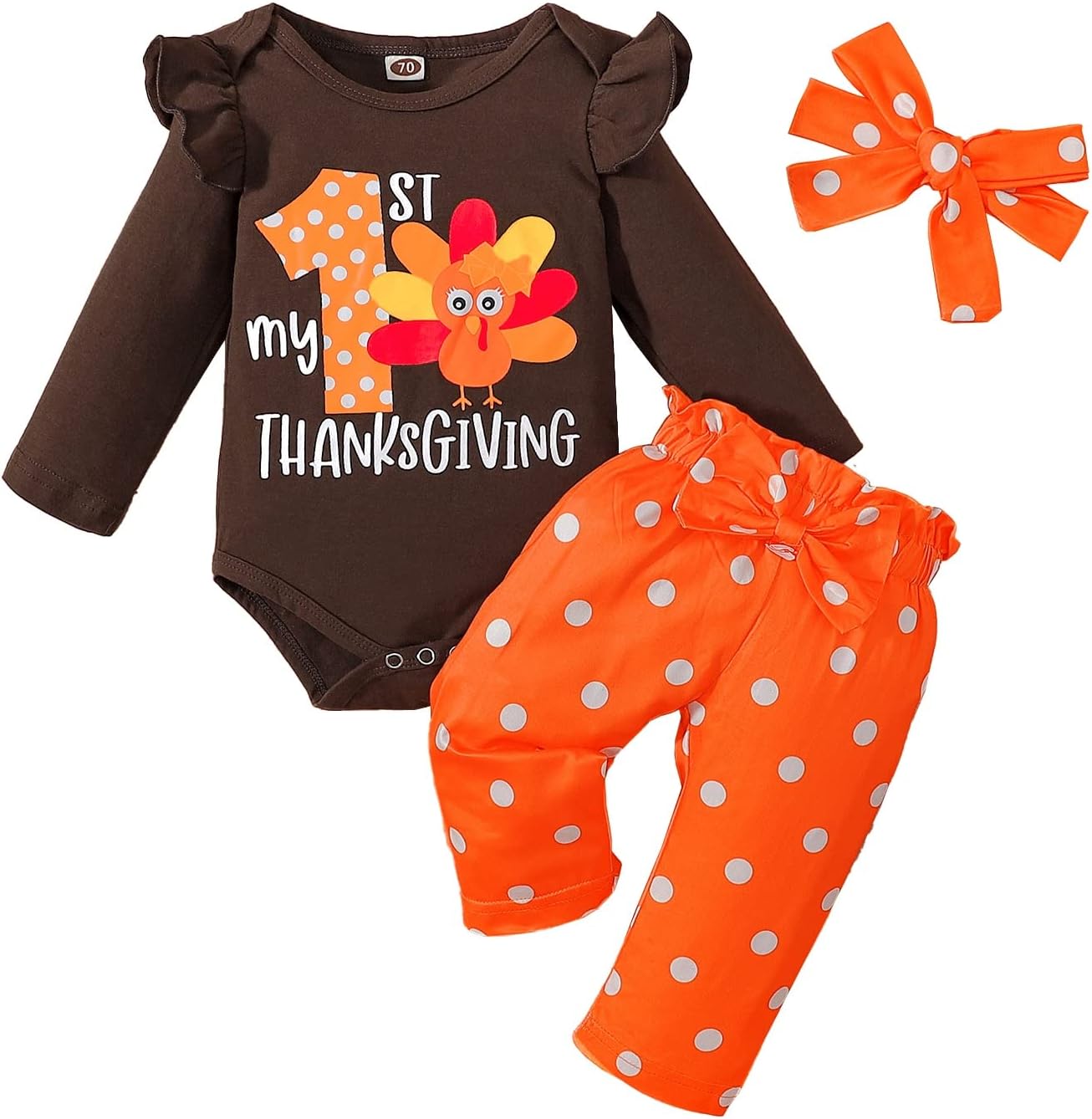 My First Thanksgiving Baby Girl Outfits 1st Thankgiving Gifts Turkey Romper Cute Polka Dot Bell Bottom Pants Headband