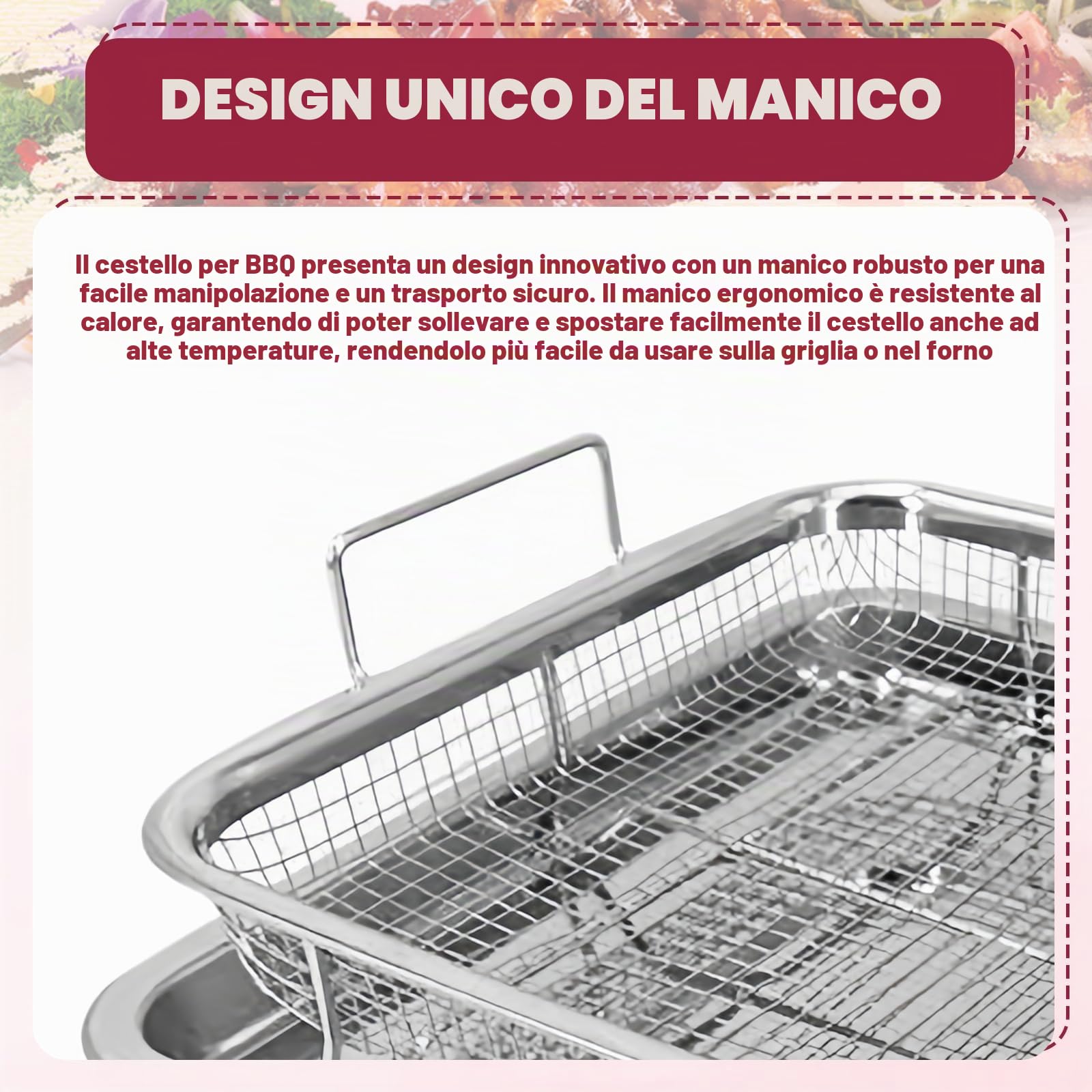 Teglia da forno con griglia di raffreddamento, cestino per barbecue, in acciaio inox con manico e base, rettangolare, in rete, per grigliare e raffreddare (32,5 x 24,5 x 5,2 cm)