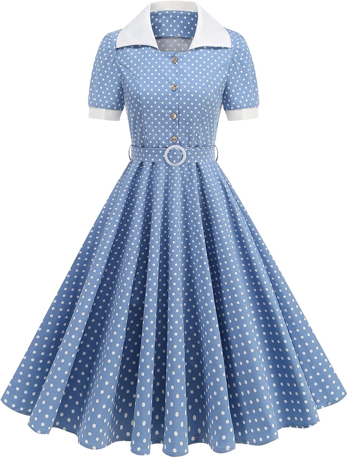ODIZLI Women's 1950s Retro Dress Short Sleeve Polka Dot Swing Midi Dress with Belt Cocktail Rockabilly Dresses Hepburn-Style