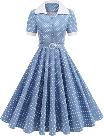 ODIZLI Womens 1950s Retro Dress Short Sleeve Polka Dot Swing Midi Dress with Belt Cocktail Rockabilly Dresses Hepburn-Style