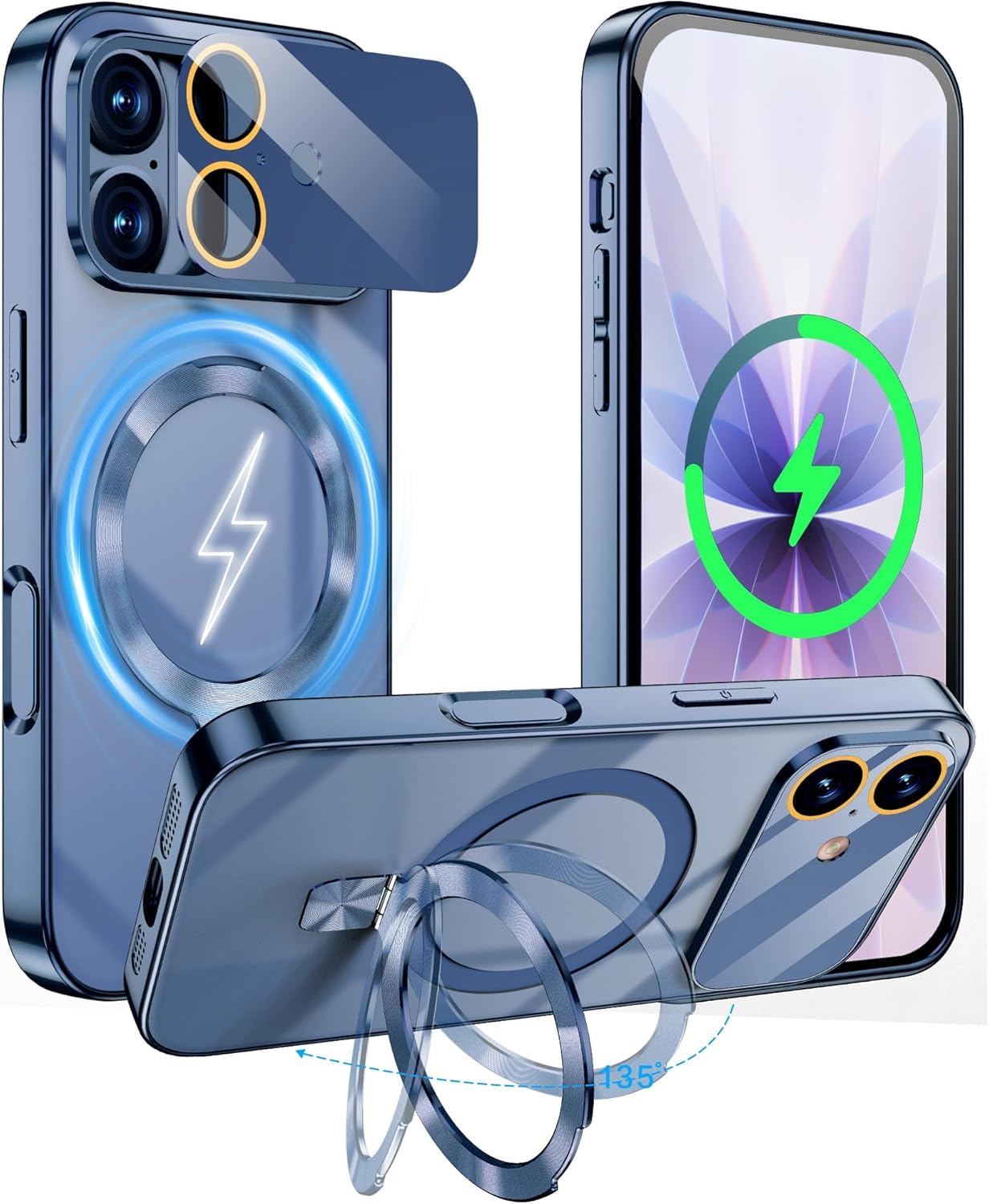 【iPhone 17用ケース・MagSafe対応】 多機能スタンド&リング 縦横両用 内蔵磁石で高速ワイヤレス充電可能 収納式スタンドとフィンガーリング TPU枠の卓越した耐衝撃性&PC硬質バックパネルで防刮・形状保持 米軍MIL規格準拠 防震・耐落下保護 (ブルー)