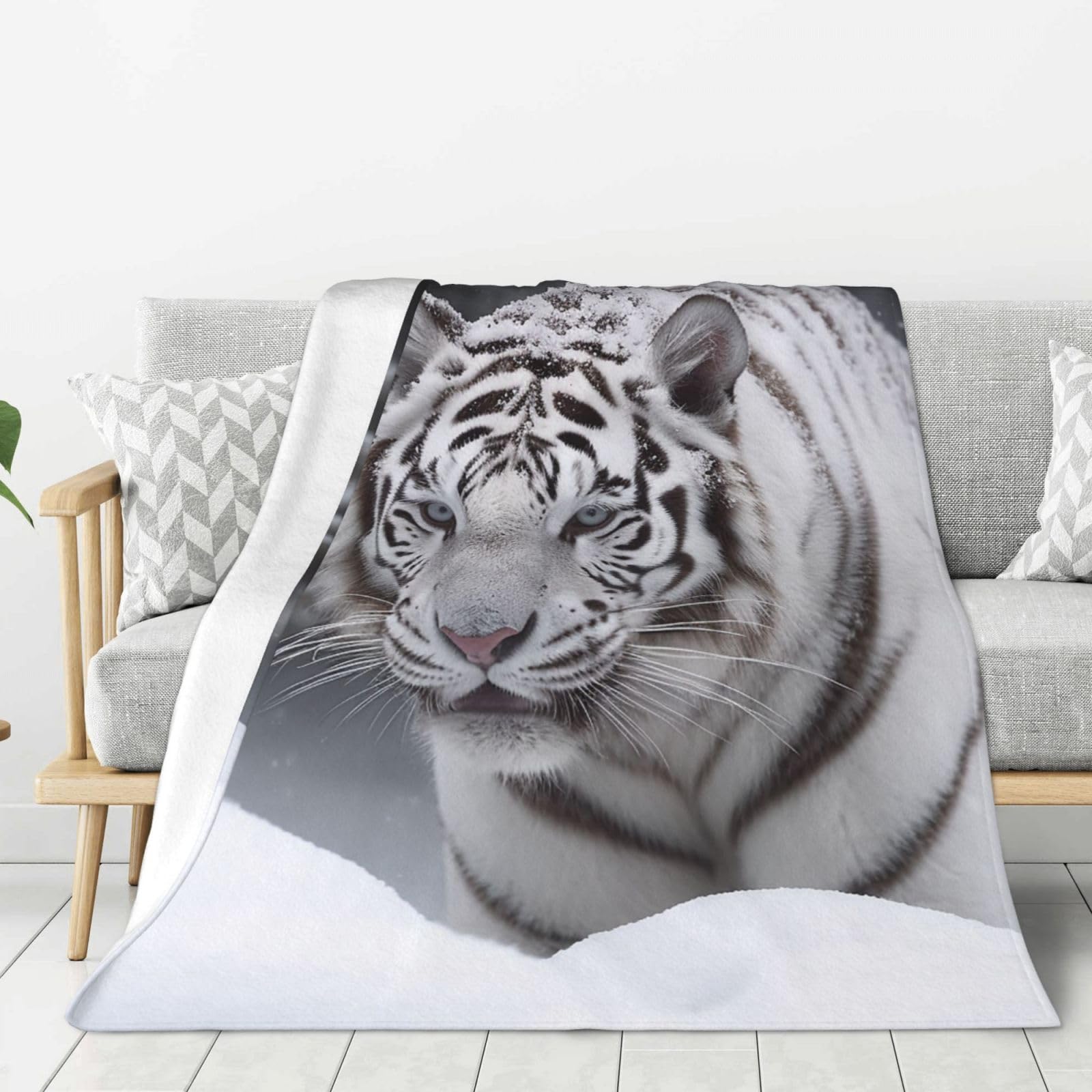 Plaid tigre blanc en microfine flanelle, couverture luxueuse et soyeuse de qualité