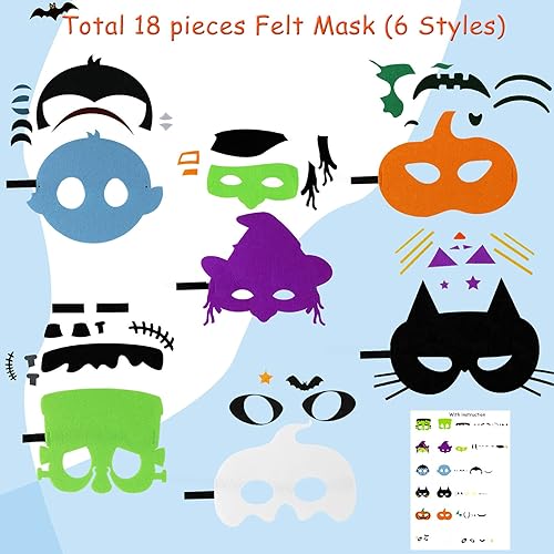 Miniatura 5 de Sumind Kit de 18 piezas de máscara de Halloween para manualidades, máscara adhesiva de fieltro, calabaza, fantasma, vampiro, bruja, gato, disfraz de