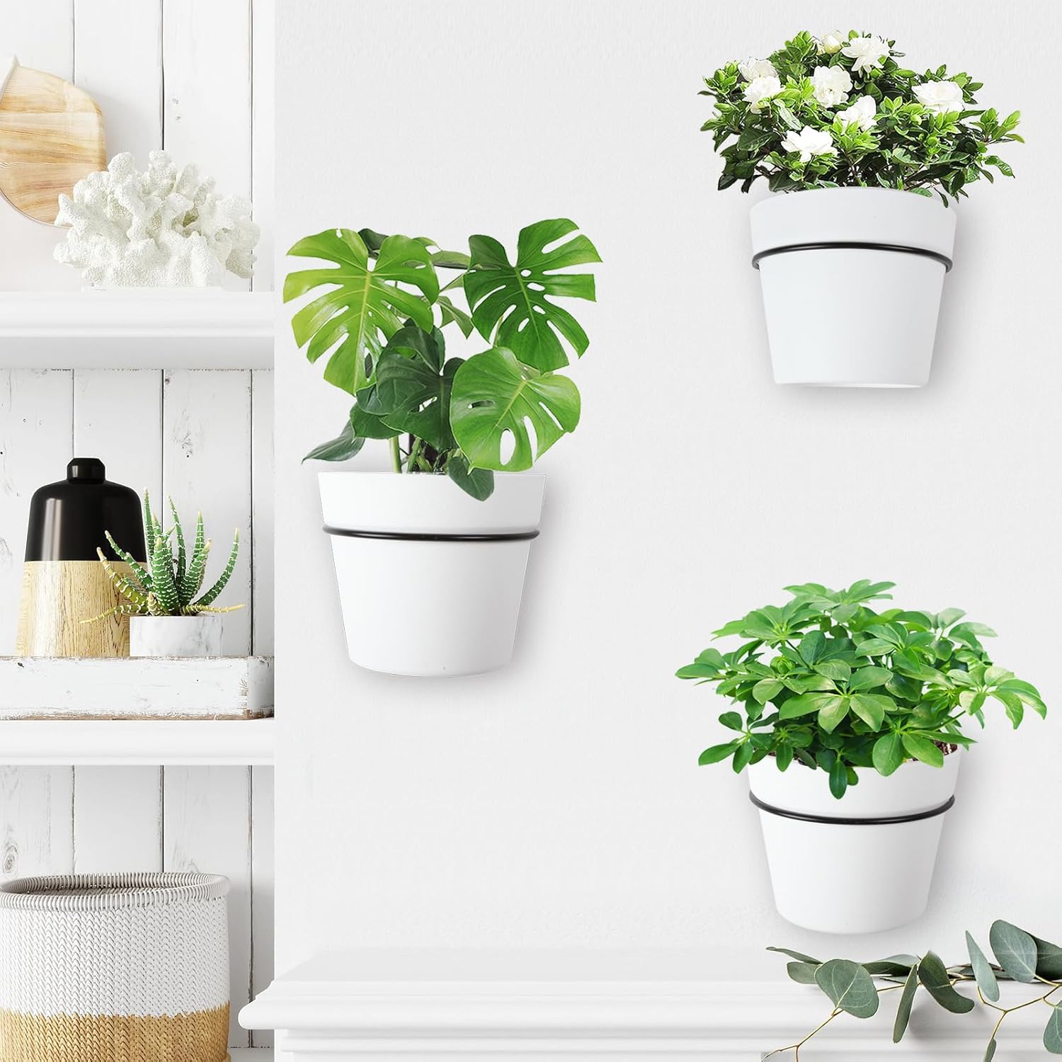 3 Set Hanging Planters Self Watering Plant Hangers for Indoor Outdoor Plants 6.3 Inch Wall Amount Flower Pots Basket with Drainage Hole DIY Room Patio Yard Decor(White)