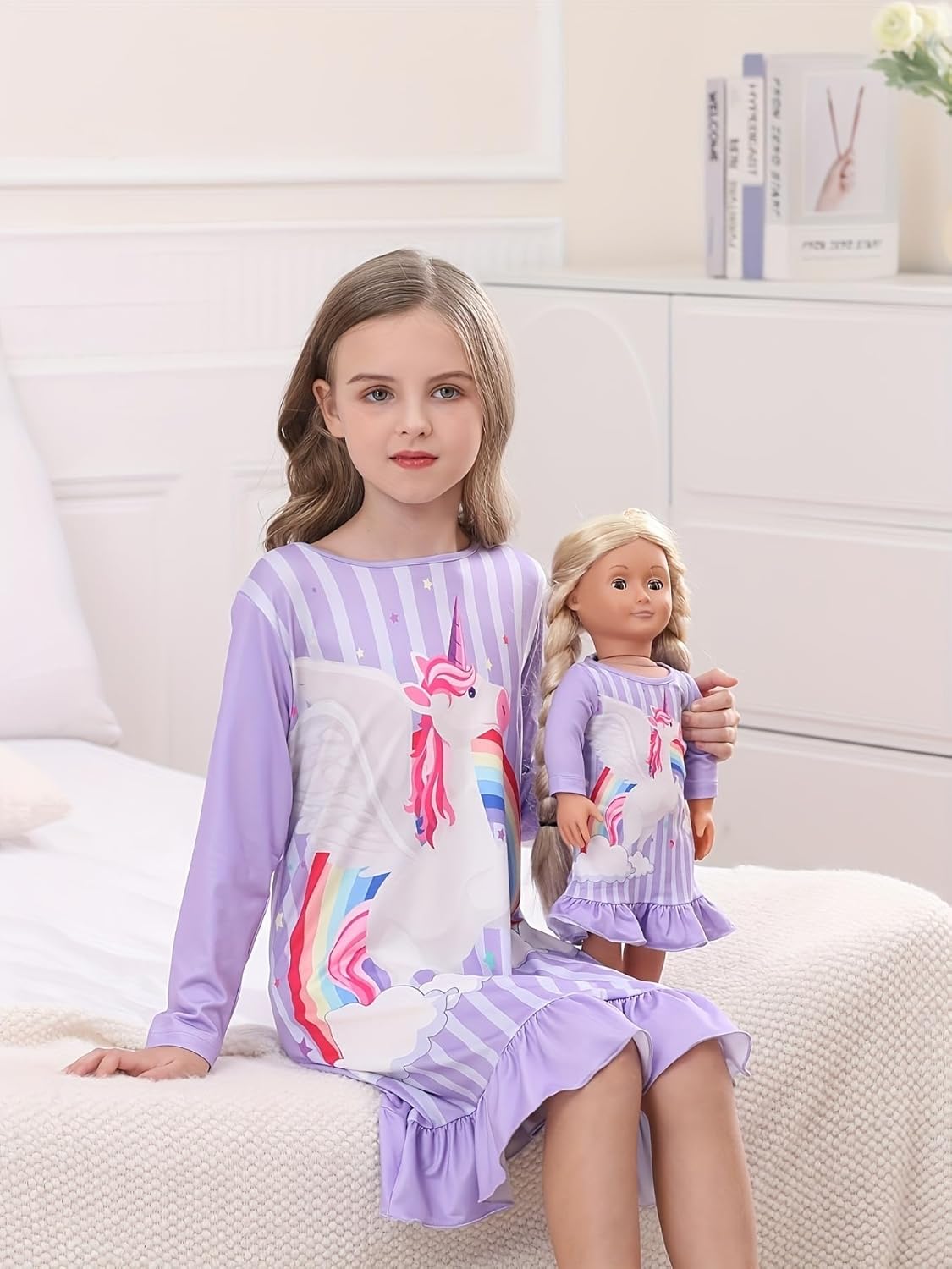 Bow Dream 2 Pcs Girl Dress Unicorn with Matching American Doll Clothes Accessories for Girls Dresses Lavender
