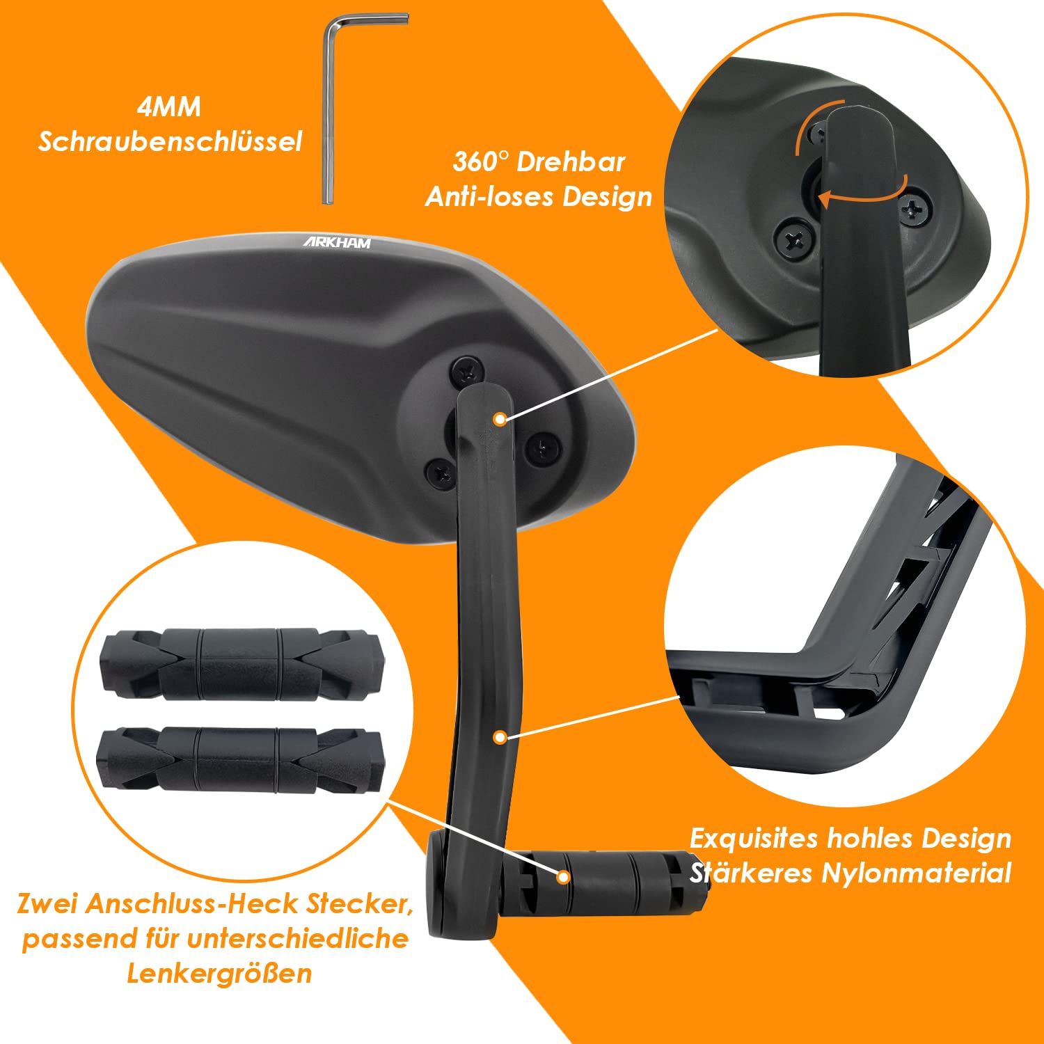 Rétroviseur Rotatif Rétroviseur Vélo Arkham - Verre HD 360° Réglable | Pour Guidon 15-20mm | VTT Et Vélo Électrique Miroir Vélo