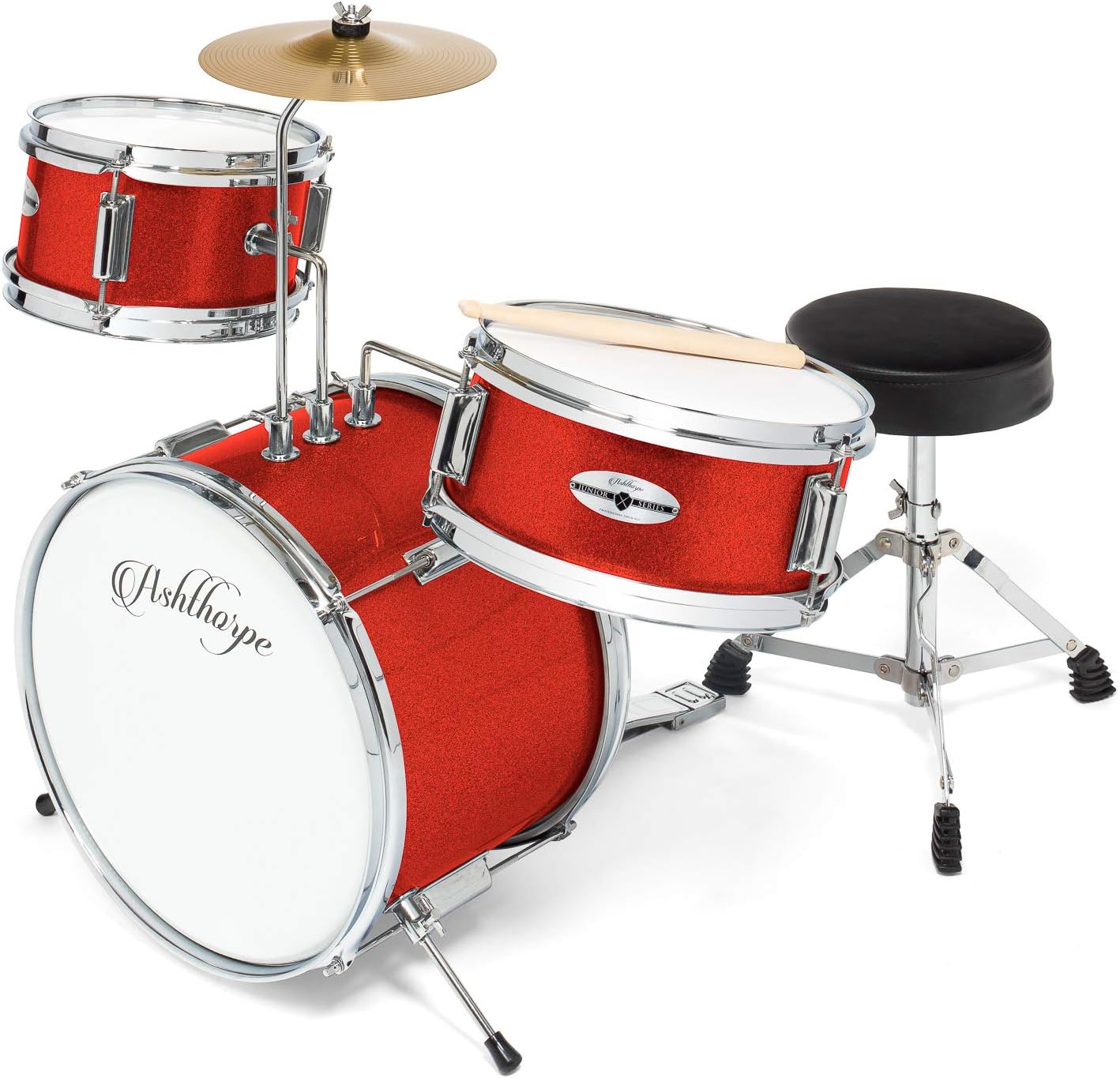 Ashthorpe 3-Piece Complete Kids Drum Set - Beginner Kit with 14" Bass, Adjustable Throne, Cymbal, Pedal & Drumsticks - Red