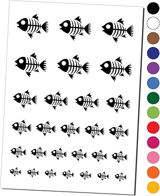 Fish Skeleton Bones Temporary Tattoo Water Resistant Fake Body Art Set Collection - Black (One Sheet)
