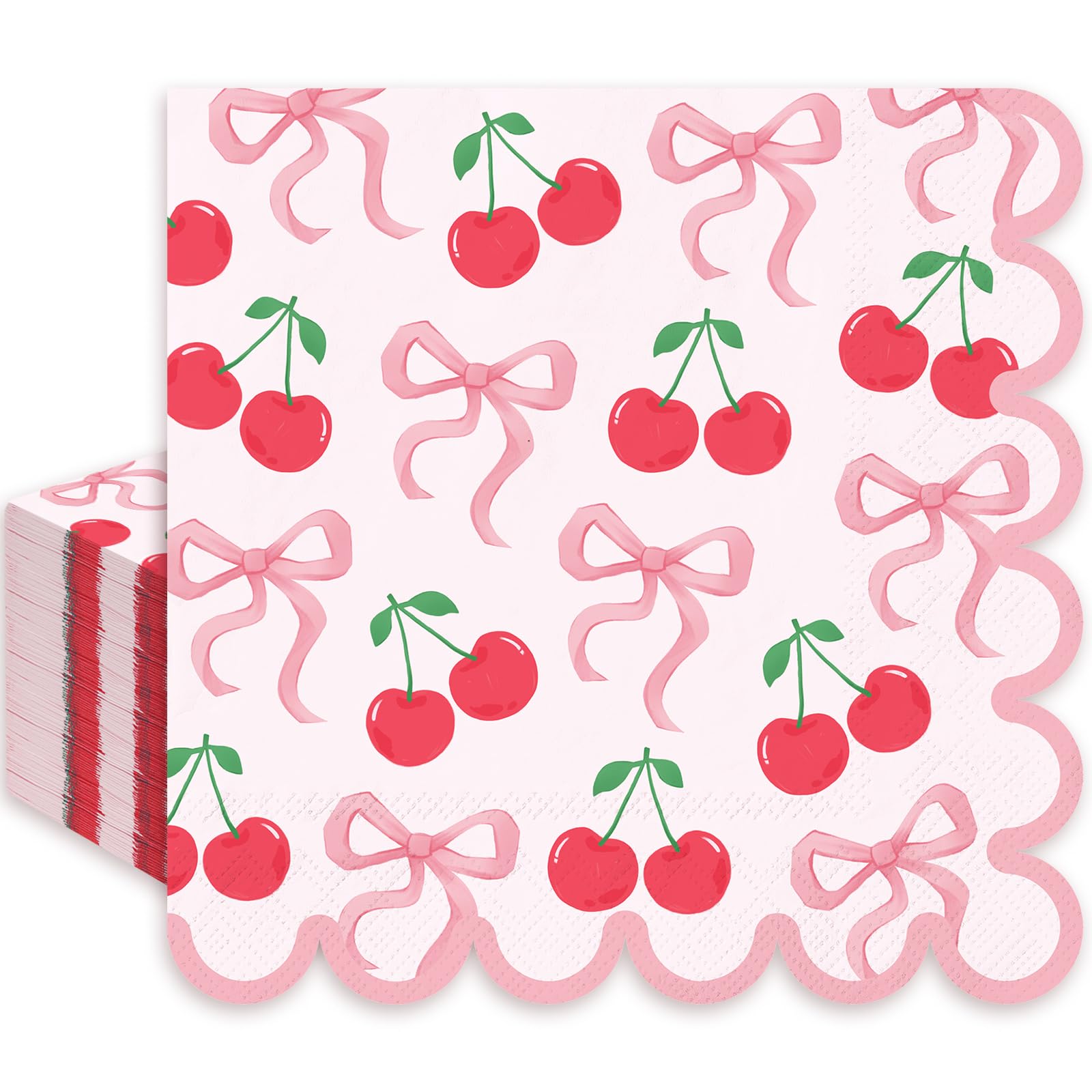 JarThenaAMCS 50Pcs Pink Bow Cherry Napkins Cherries Bows Disposable Napkins Coquette Cute Scalloped Edge Paper Luncheon Dinner Napkins for Wedding