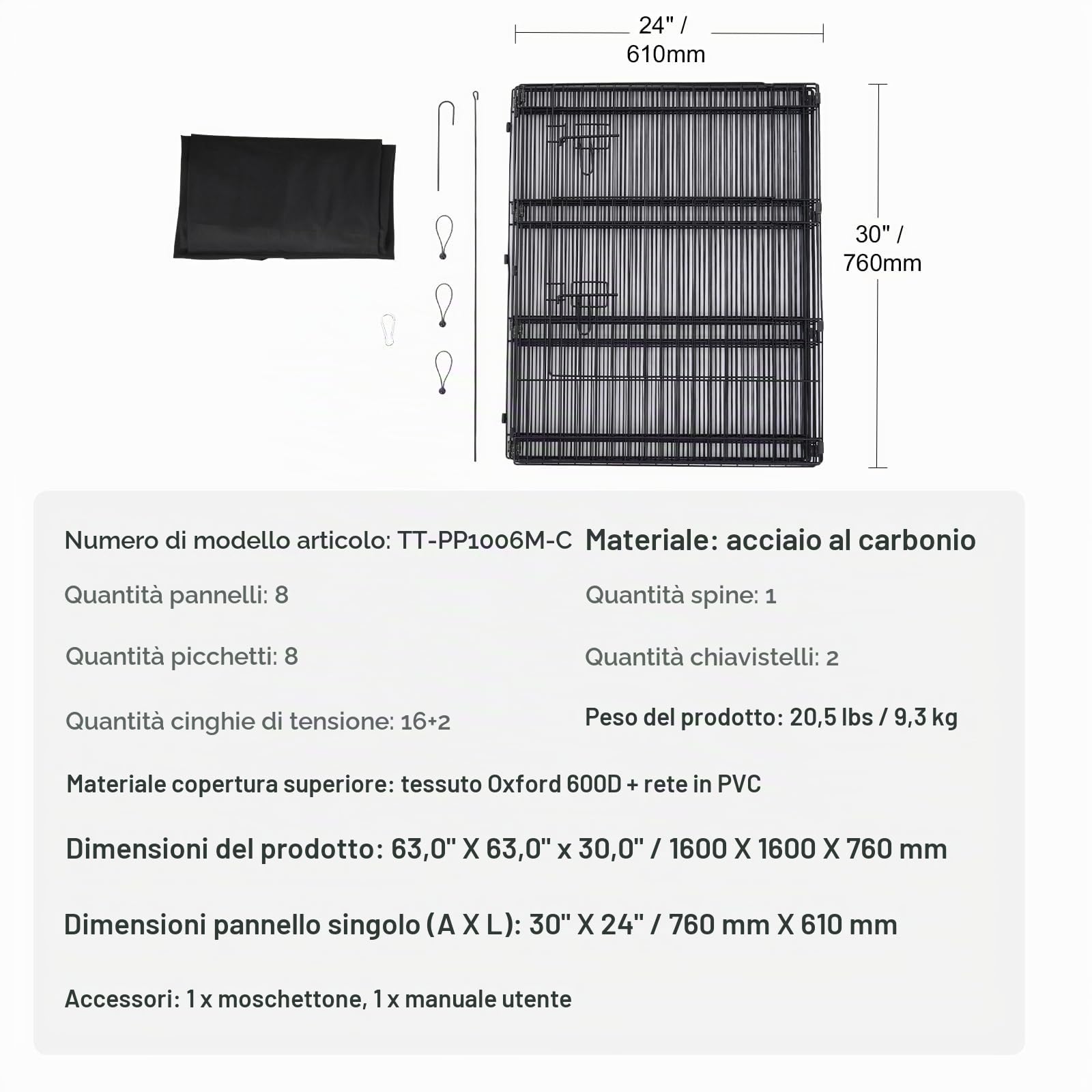 VEVOR Recinto per Cani, Confezione da 8 Pannelli, 760 mm x 610 mm Box per Cani Pieghevole in Metallo, per Interni ed Esterni con Porta, Copertura Superiore in Tessuto Oxford 600D, per Cani Gatti