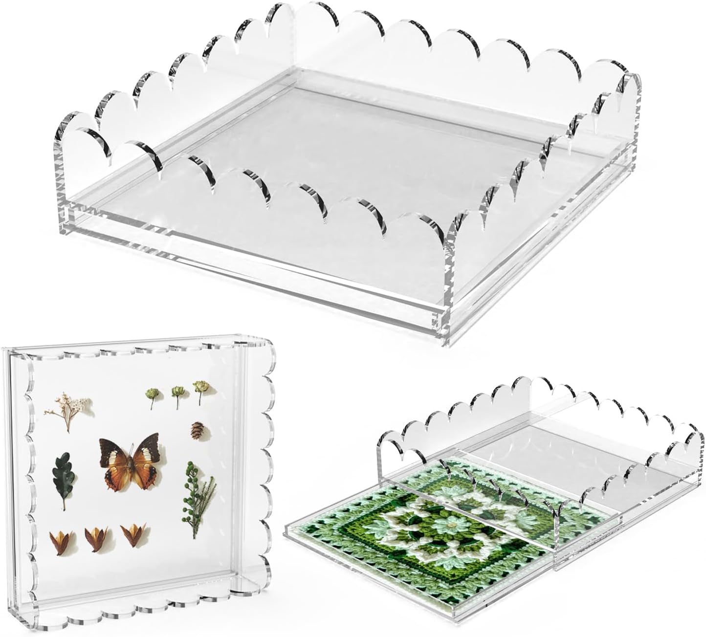 Scalloped Acrylic Tray with Magnetic Mat - 9.8"x9.8" Vanity Tray for Perfume with Drawer,Customizable for Photos,Artwork,Jewelry，Messages,Durable Perfect for Home Decor,Bathroom Counter Organizer