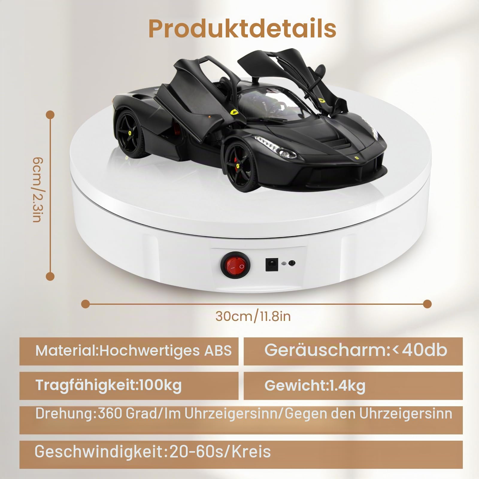 Elektrischer Drehteller, 30CM 100KG Tragkraft und Wiederaufladbare Elektrischer Drehbarer, 360° Richtung und Geschwindigkeit Einstellbar Automatisch Motorisierter Drehständer (Weiß)