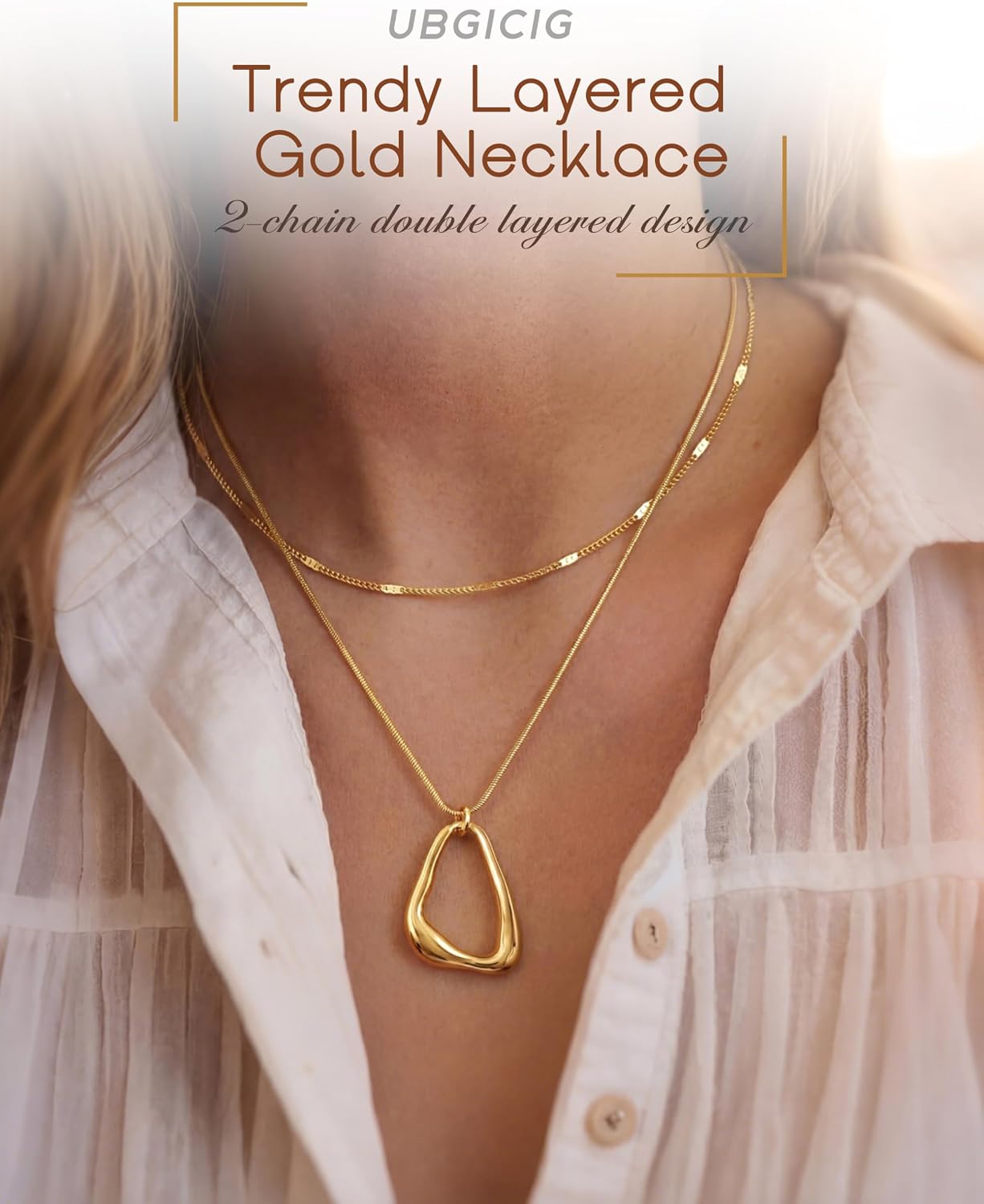 UBGICIG 16K Gold Plated Layered Gold Necklaces for Women, Dainty Double Layer Circle Oval Stackable Pendant Necklace, Minimalist Trendy Boho Statement Chain Necklaces Everyday Jewelry Gift for Her