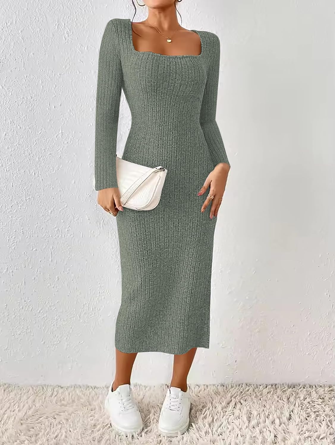 ETCYY NEW Womens Fall Dresses Square Neck Knitted Elastic Basic Spring Bodycon Versatile Slit Dress - Image 4