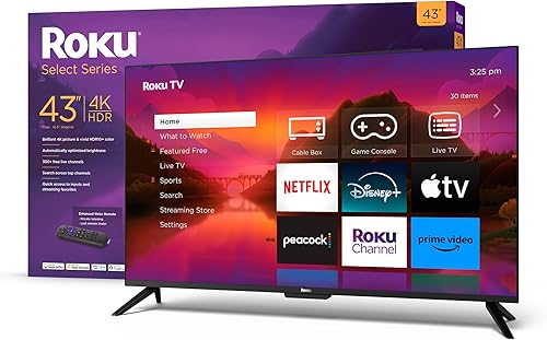 Roku Select Series Televisor Smart Roku TV, 4K, HDR, control por voz mejorado, imágenes 4K brillantes, brillo automático, streaming impecable, 43