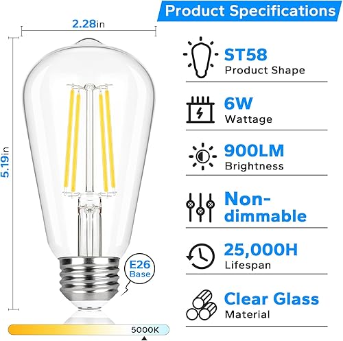 Miniatura 3 de Paquete de 12 bombillas LED Edison vintage equivalentes a 60 W, bombillas LED ST58 de 5000 K, luz blanca diurna de 6.5 W, bombillas de filamento LED