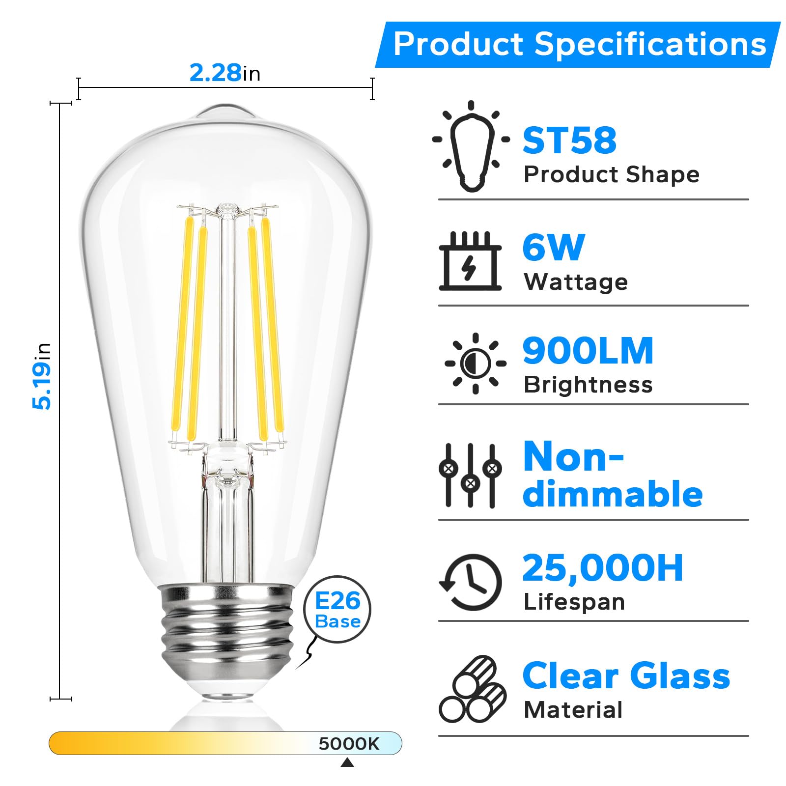 12-Pack Vintage LED Edison Bulbs 60W Incandescent Equivalent ST58 LED Light Bulbs 5000K Daylight White 6 5W 900LM — view 3