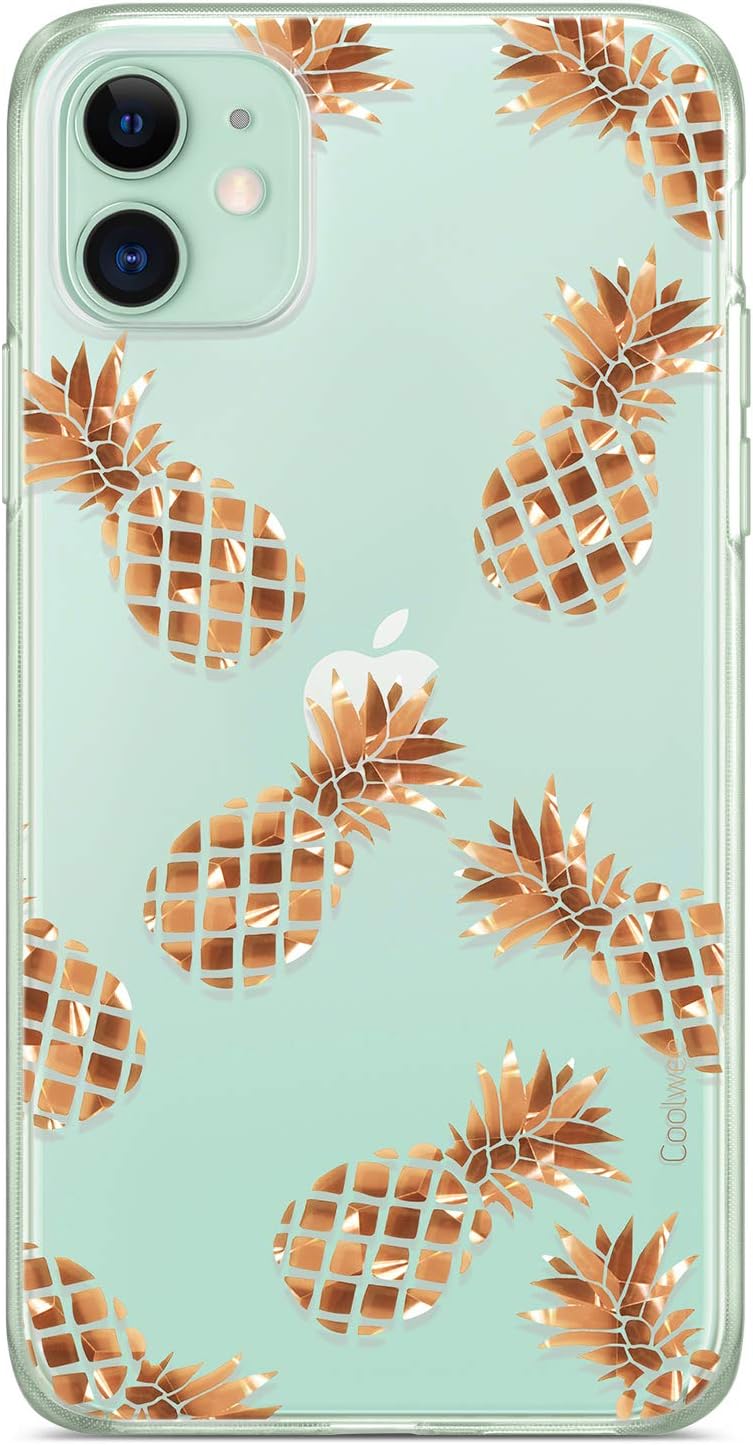 Coolwee Compatible with iPhone 11 Case Rose Gold Pineapple Floral Case Women Girl Men Foil Clear Design Shiny Glitter Hard Back Case with Soft TPU Bumper Cover for Apple iPhone 11 6.1 inch Pineapple