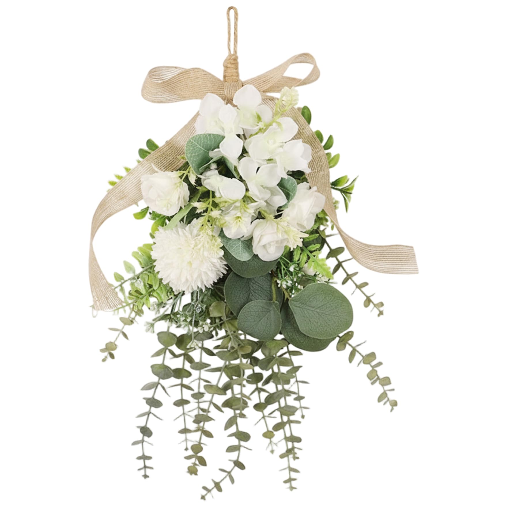 Gcroet 1PC Teardrop Wreath - White Artificial Floral Swag Eucalyptus and Chrysanthemum Hanging Decor for Wedding, Holiday, and Farmhouse Wall