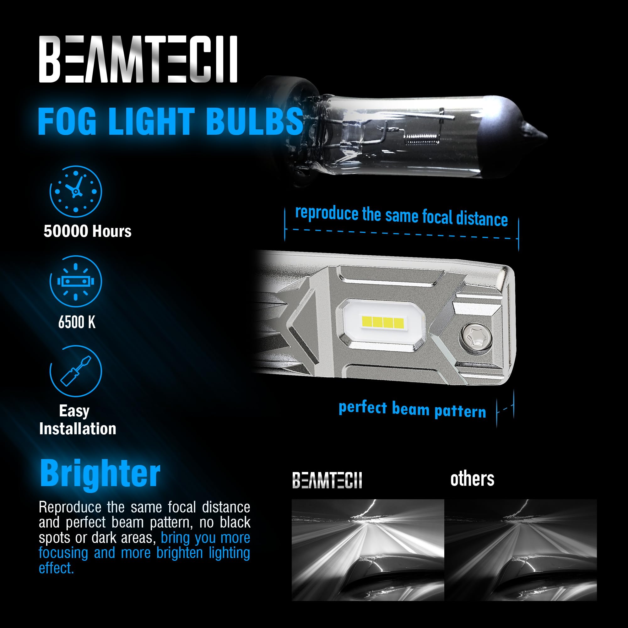 BEAMTECH Bombillas LED antiniebla H7, Plug and Play, no requiere adaptador, 6000 lm, 6500 K, blanco frío, reemplazo halógeno extremadamente brillante, paquete de 2