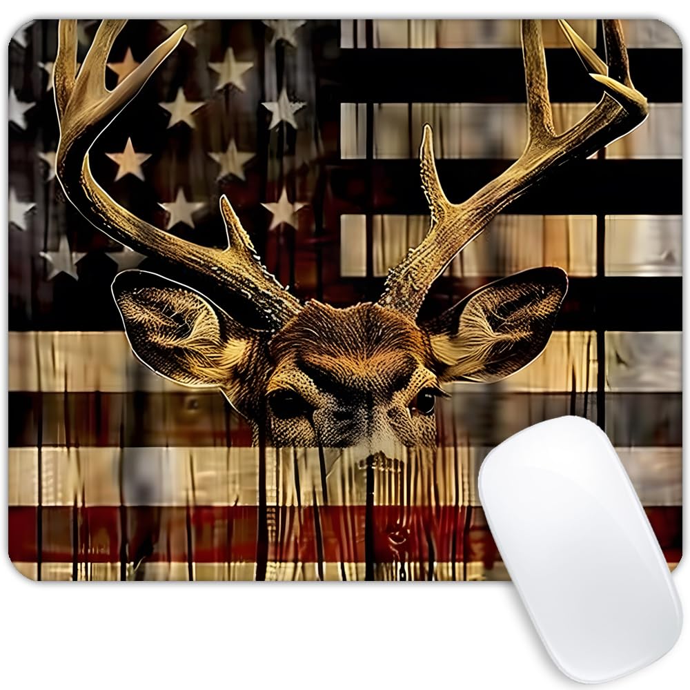 Wood Grain American Flag Hunting Deer Square Mouse pad, Texture Customized Mouse pad, Washable Anti Slip Rubber Base Computer Mouse pad, Suitable for Office laptops