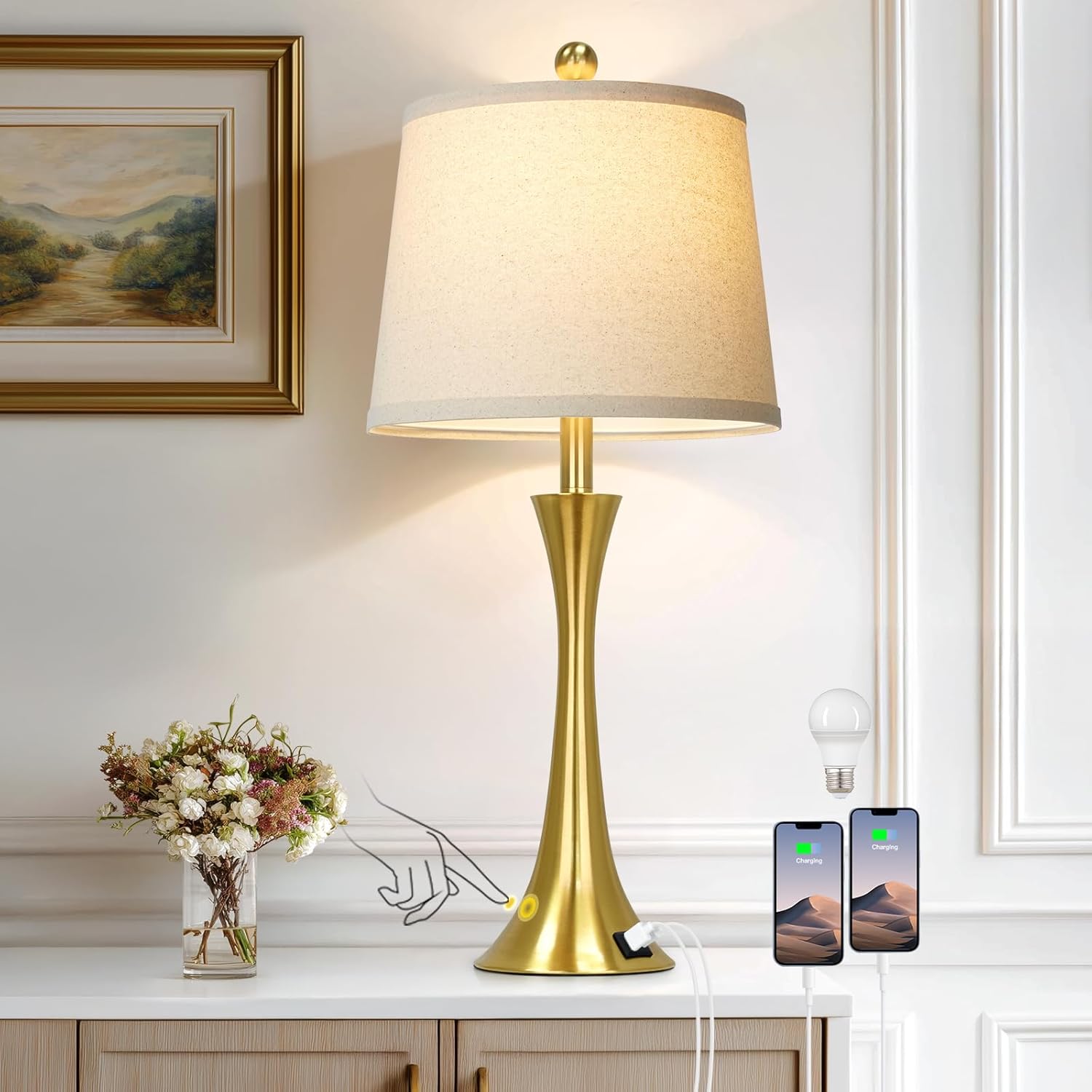 27.5" Gold Lamps for Living Room, Touch Control 3-Way Dimmable Bedside Nightstand Lamps Bedroom Lamp,Modern Gold Table Lamp with USB A+C Ports,Tall Lamps for Living Room End Table（1Pack）