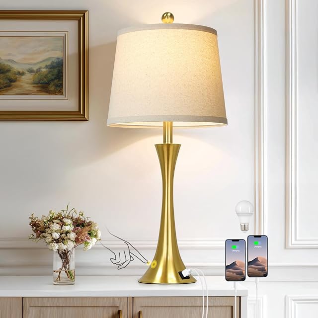 Rinweey 27.5" Lampes en or pour salon, Touch Control 3-Way Lampes de chambre à coucher, lampe de table d'or moderne avec USB Ports A+C, lampes de tous types pour la table de fin de salon(1paquet)