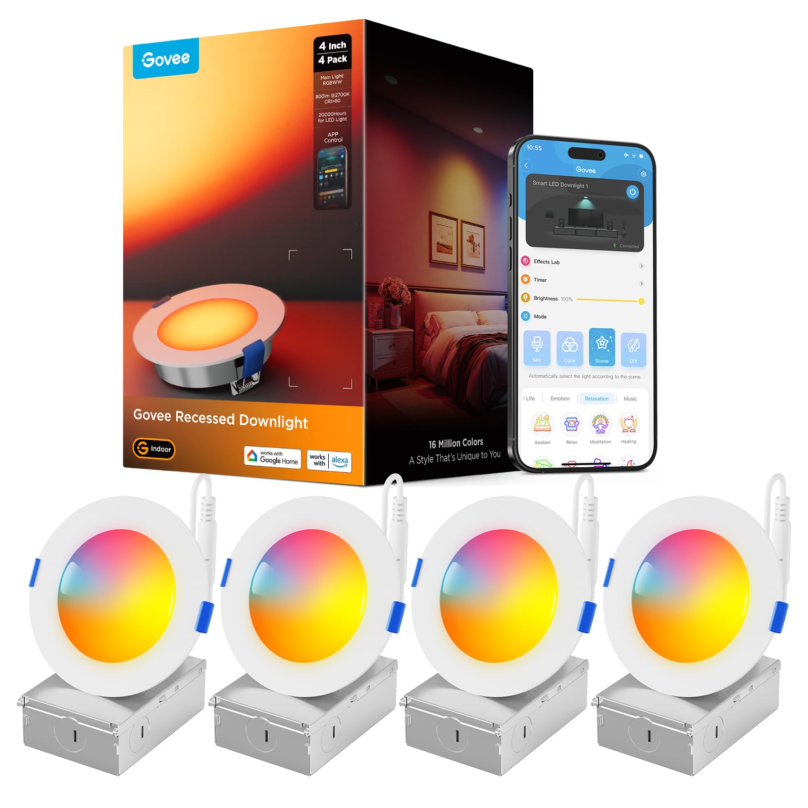 Govee Smart LED Einbaustrahler 11W, RGBWW Einbauleuchten 120mm Dimmbare, ultraflache Deckenspots Kompatibel mit Matter und Alexa 850LM, Einbauspots für Badezimmer Küche Wohnzimmer, 4 Stück