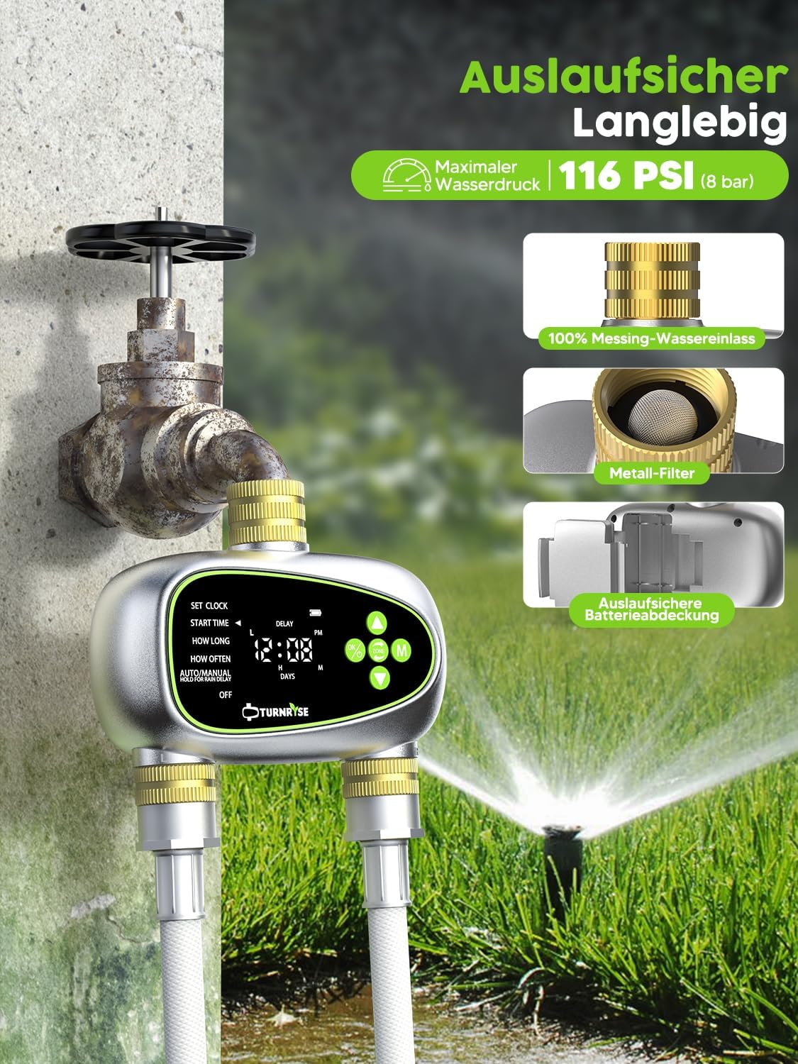 Centralina di Irrigazione 2 Vie Timer Irrigazione con Ingresso e Uscita in Ottone Ritardo della Pioggia e Irrigazione Automatica Manuale con Programmi per Prati e Giardini