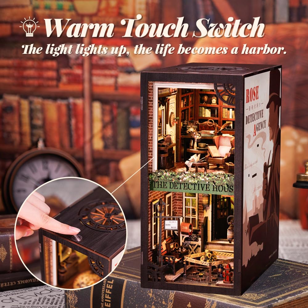 Fsolis DIY Book Nook, Casa delle Bambole con Copertura Antipolvere, Miniatura Diorama Book Nook Kit con Luce LED, 3D Modellazione in Legno(Rose Detective Agency) ﻿