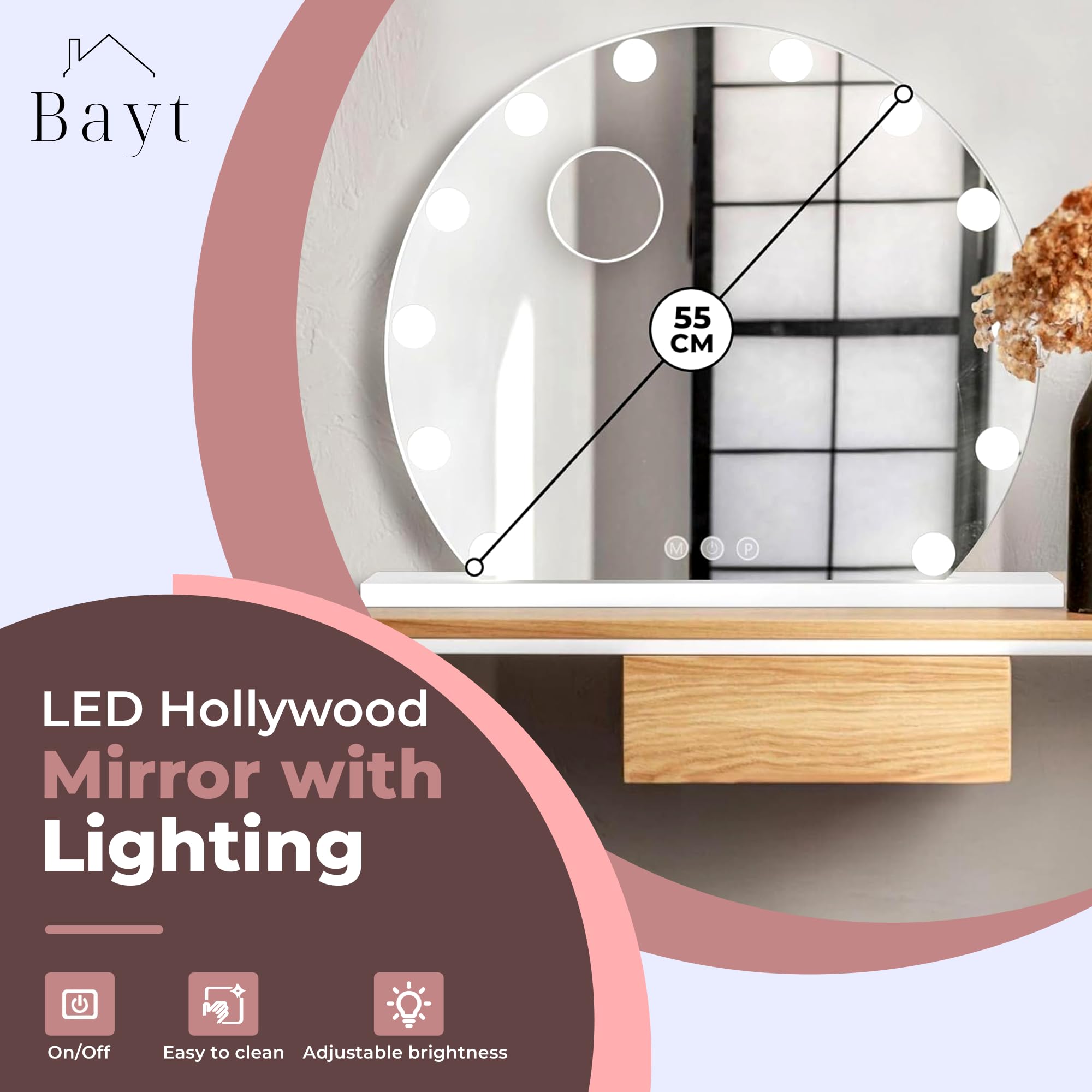 Bayt Hollywood Lusterko do Makijażu z Oświetleniem - Okrągłe - Możliwość Ściemniania - Sterowanie Dotykowe - Z Powiększeniem 10x - Ø 55cm - Białe