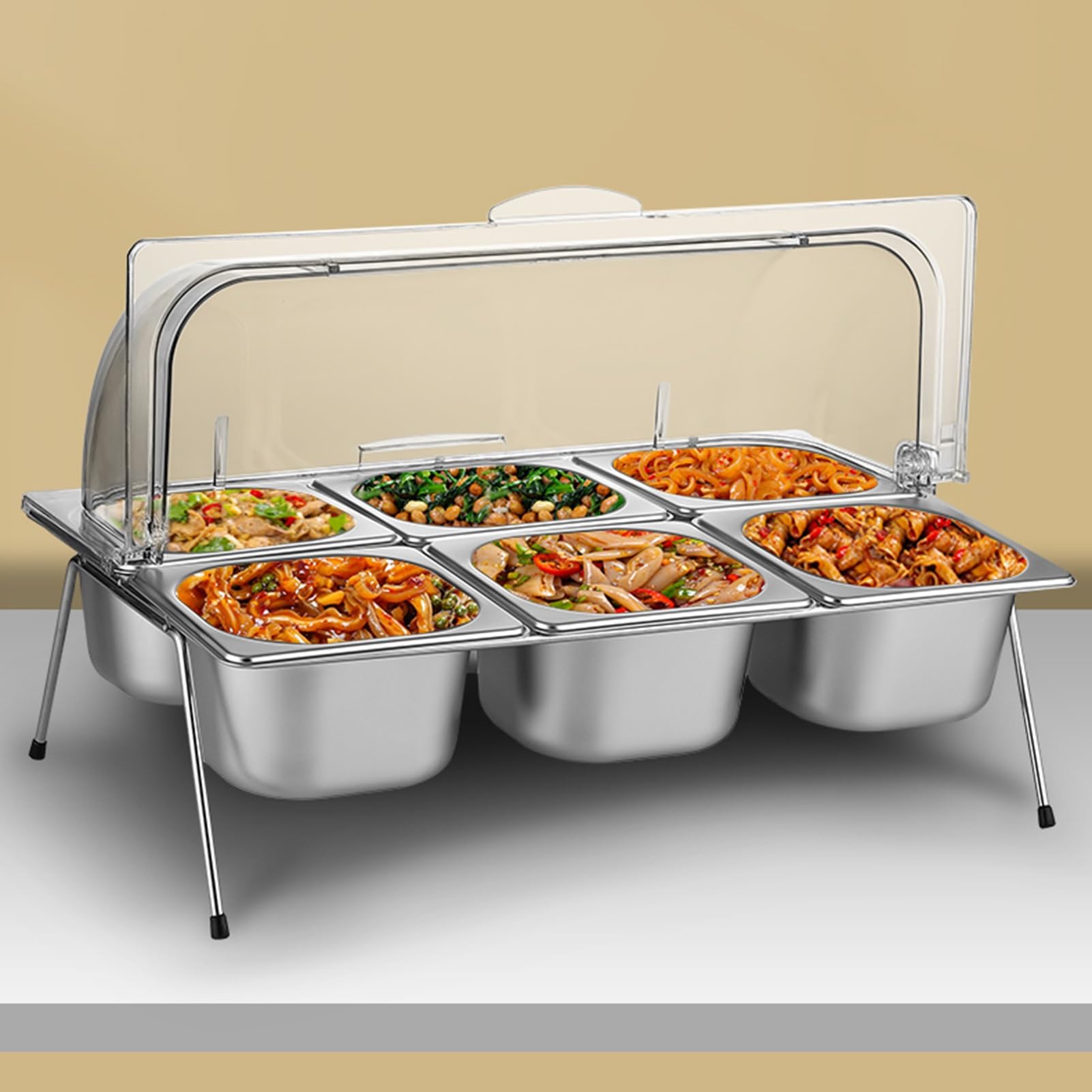 Bandeja expositora de alimentos de acero inoxidable con tapa enrollable transparente, dispensador de condimentos de buffet, bandeja para servir ensaladas (15 cm, 1 compartimento), perfecta para