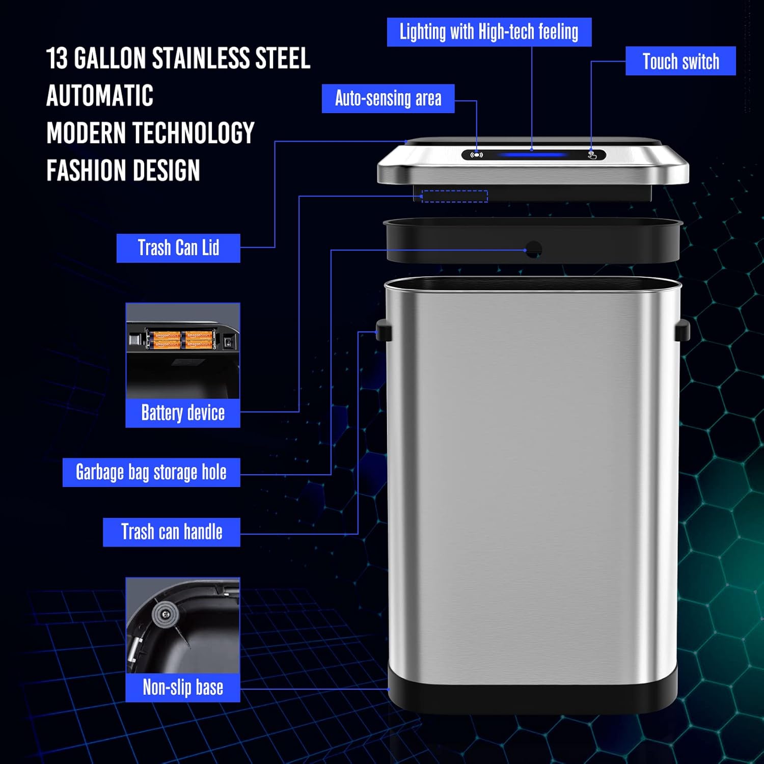 13 Gallon 50L Silver Automatic Smart Trash Can with Lid for Kitchen Office Bedroom Waste Bin and More, Stainless Steel Thickened Body and Super Mute Sensor Lid Garbage Can with 30 Count Garbage Bags