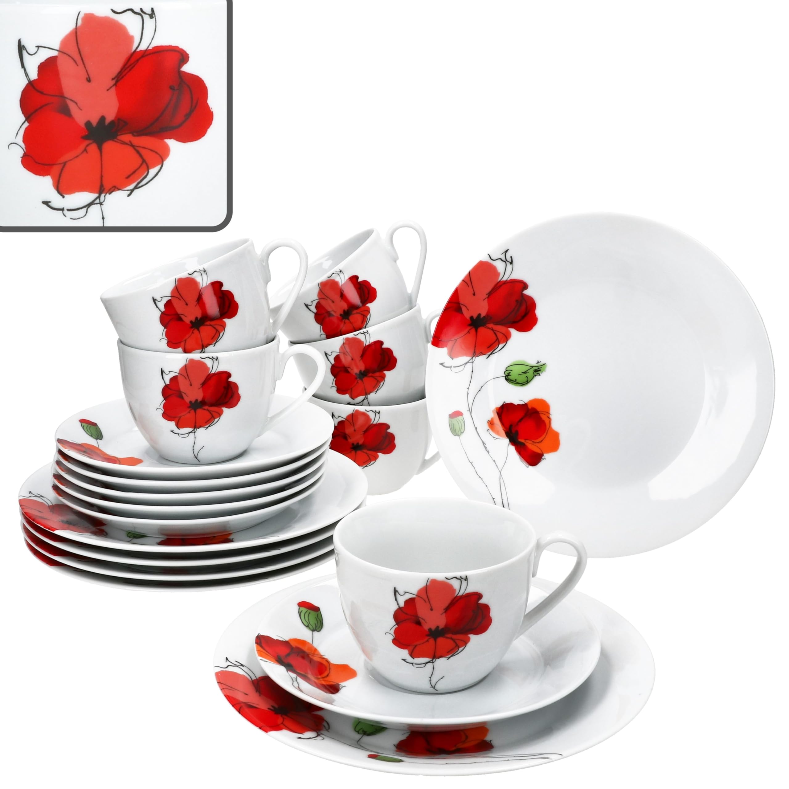 MamboCat Mona Service à café 18 pièces - En porcelaine florale avec décor coquelicot en blanc et rouge - Pour 6 personnes - 6 tasses à café de 160 ml - Soucoupes et assiettes à gâteau pour