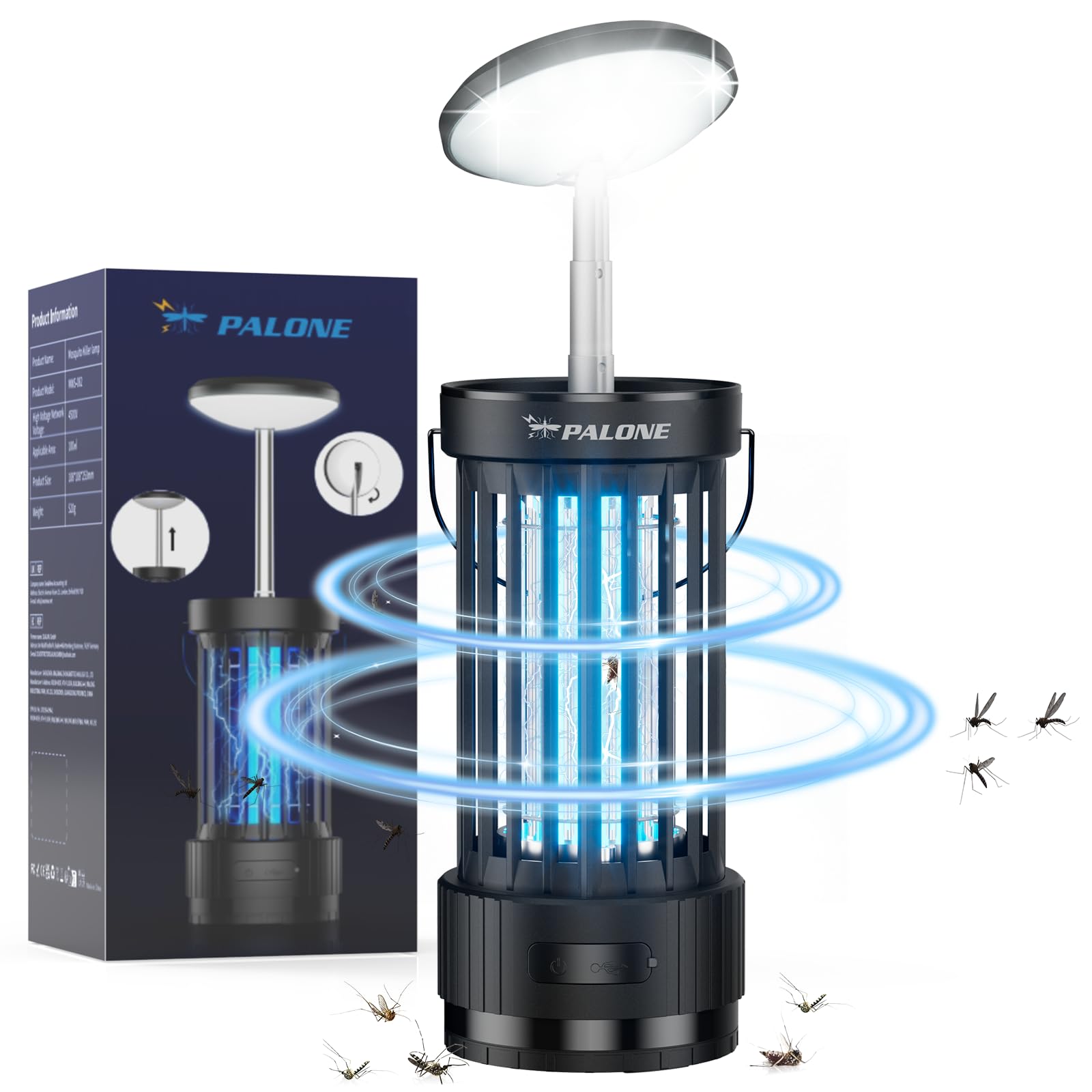Rechargeable Bug Zapper, 4000mAh USB Electric Fly Killer, 3-in-1 UV Mosquito Trap & LED Camping Lantern, IP-Rated Waterproof High-Voltage Insect Gnat Killer for Indoor Home, Garden, Patio, Caravan