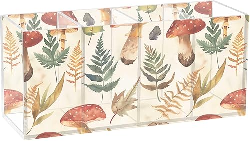 CHIFIGNO Vintage Botanical and Mushrooms Pen Holder Cute Hair Brush Organizer Acrylic Pencil Pen Holder for Desk 4 Compartments Marker Holder for