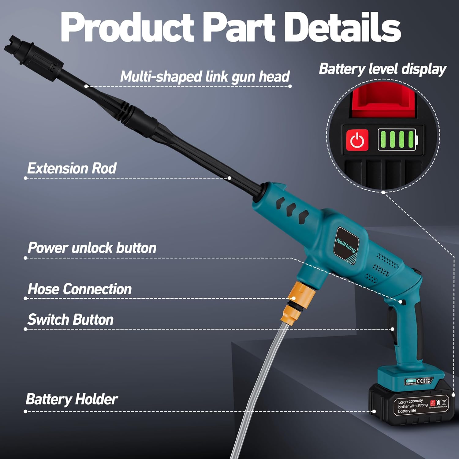 Cordless Pressure Washer Battery PoweredCordless Power Washer with 3 Nozzle, 16.4FT High-Elastic Hose,18v Battery&Charger, Portable HandheldPressure Washer Cleaner for Home, Car, Garden