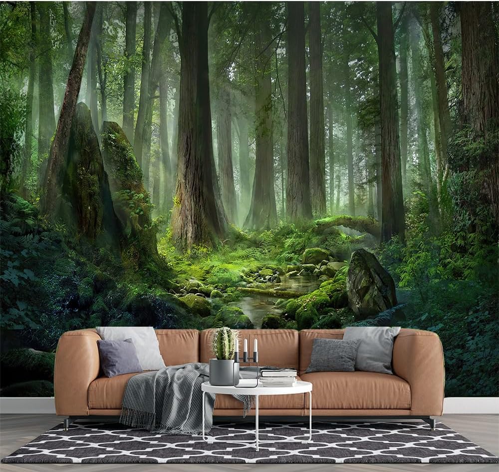 Custom 3D Forest Peel and Stick Mural Modern Sunny Green Forest Theme Wallpaper Living Room Sofa Background Wall Mural
