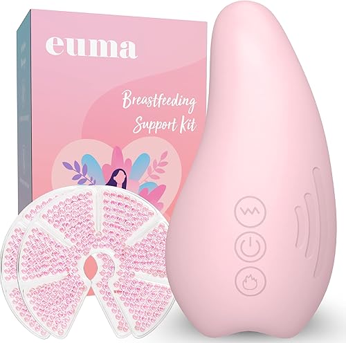 Euma Love Kit de apoyo esencial para lactancia materna para madres lactantes, masajeador vibratorio de lactancia con almohadillas de terapia de